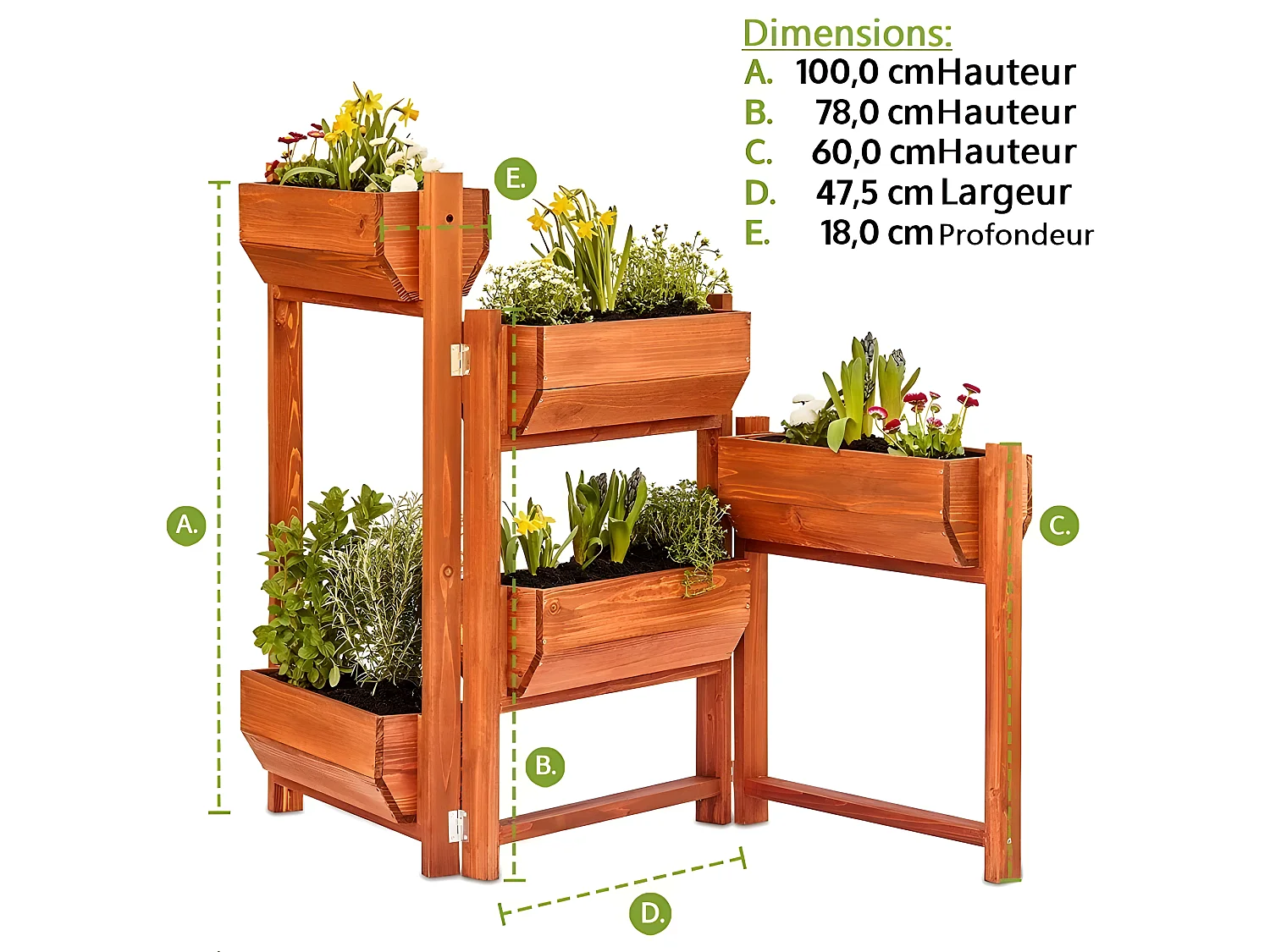 Carré potager sur pied en bois de pin massif avec 5 bacs stable modulable et toison intérieure modèle "514 vernis"