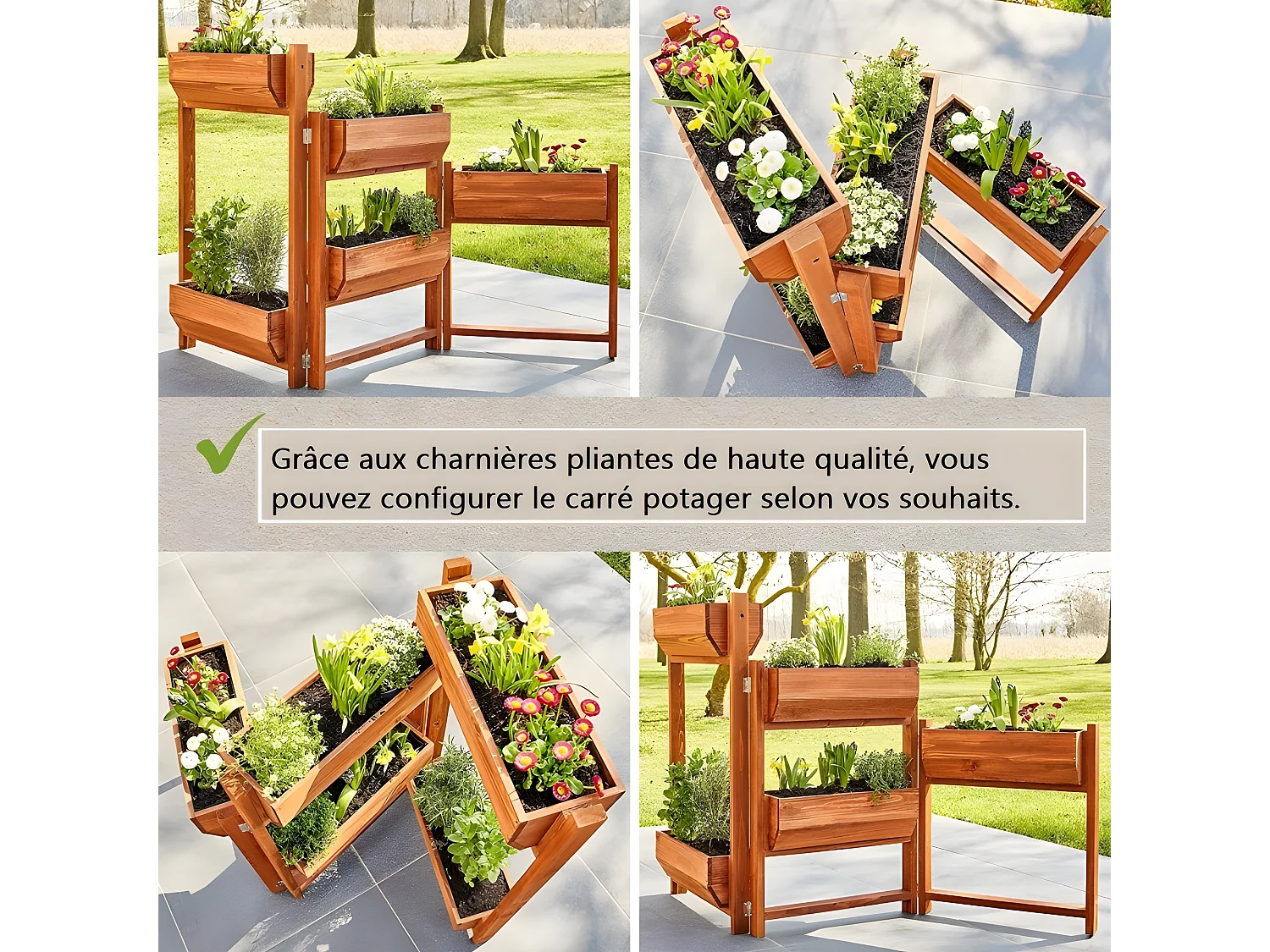 Carré potager sur pied en bois de pin massif avec 5 bacs stable modulable et toison intérieure modèle "514 vernis"