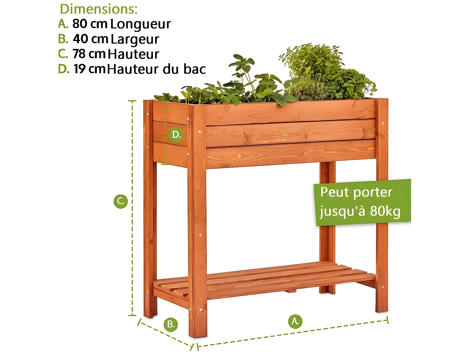 Carré potager sur pied en bois de pin massif avec étagère stable et toison intérieure modèle "512 vernis"