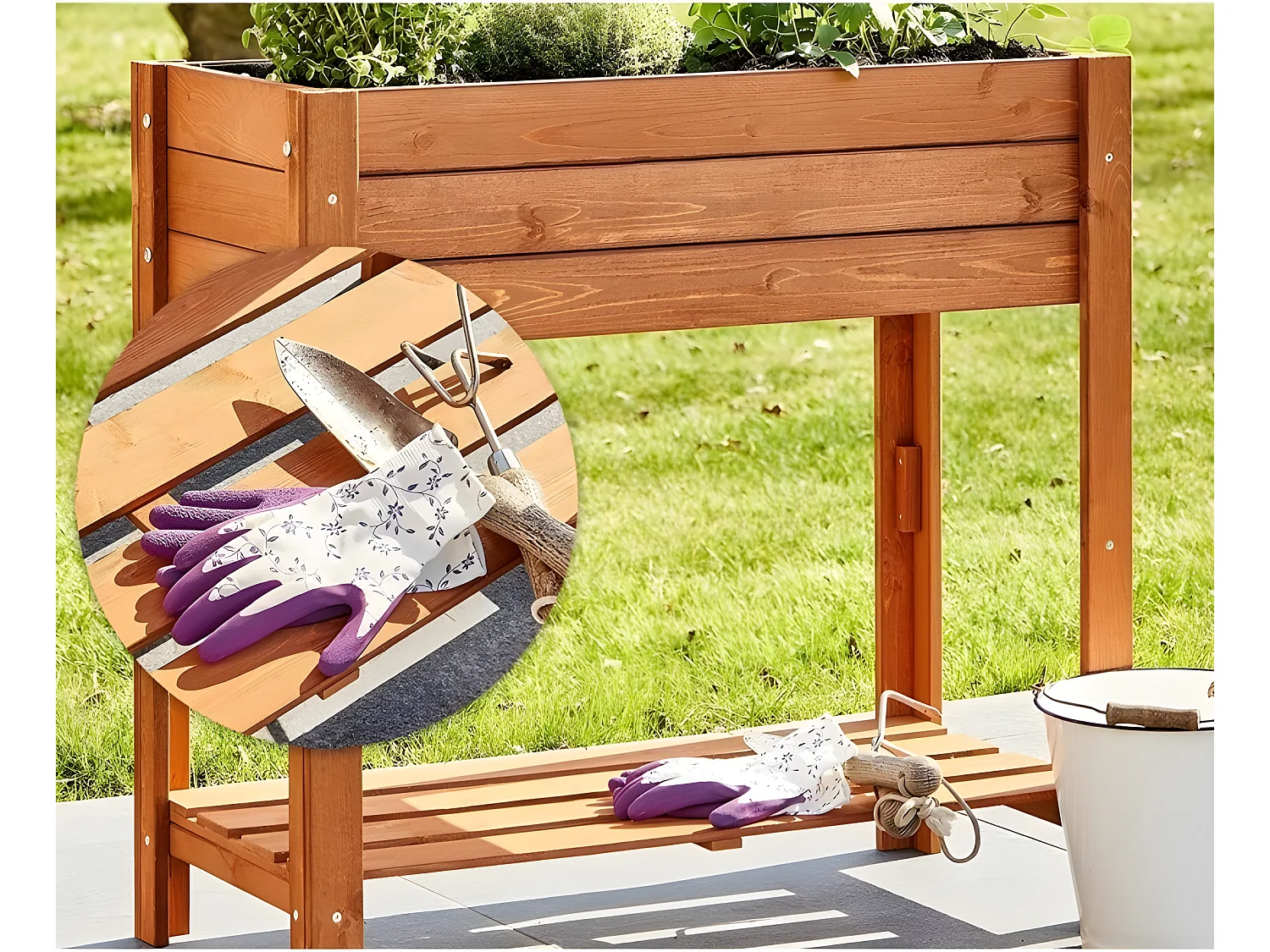 Carré potager sur pied en bois de pin massif avec étagère stable et toison intérieure modèle "512 vernis"