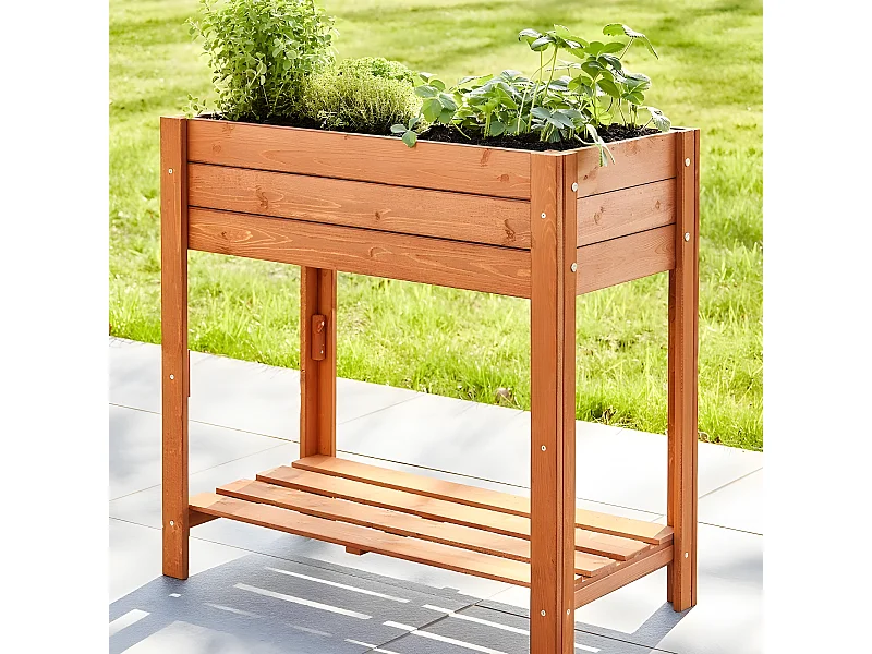 Carré potager sur pied en bois de pin massif avec étagère stable et toison intérieure modèle "512 vernis"