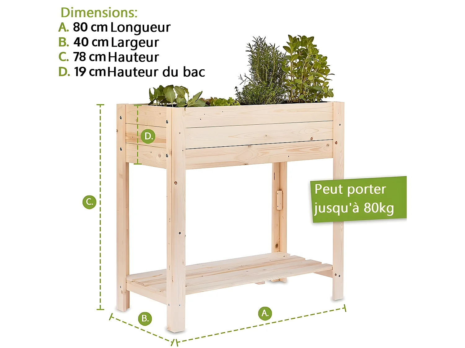 Carré potager sur pied en bois de pin massif avec étagère stable et toison intérieure modèle "511"
