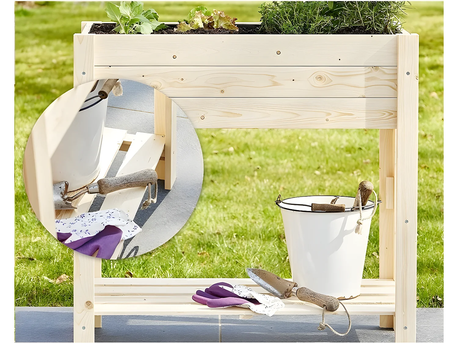 Carré potager sur pied en bois de pin massif avec étagère stable et toison intérieure modèle "511"