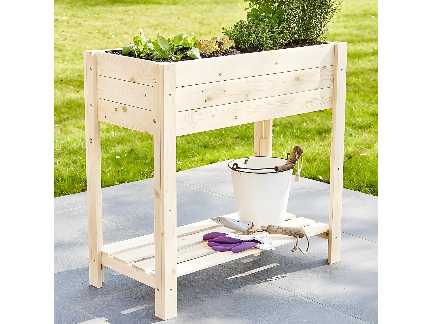 Carré potager sur pied en bois de pin massif avec étagère stable et toison intérieure modèle "511"