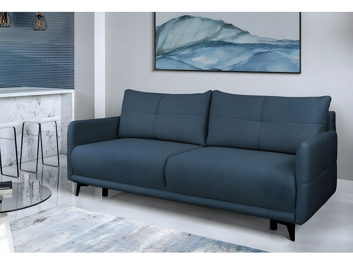 Canapé convertible 3 places tissu ZATEN NEVE77 210x99cm ton bleu