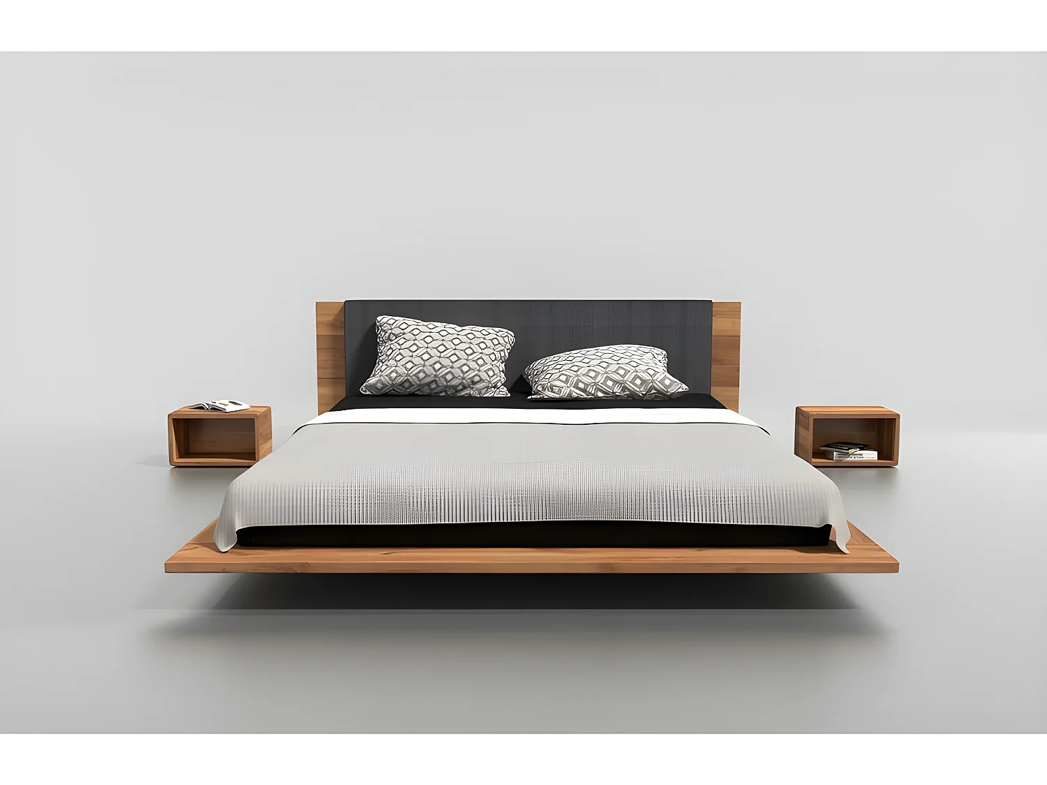 Lit 2 personnes pour adulte 160x200cm avec tête de lit robuste modéle KUZUM Couleur Chêne