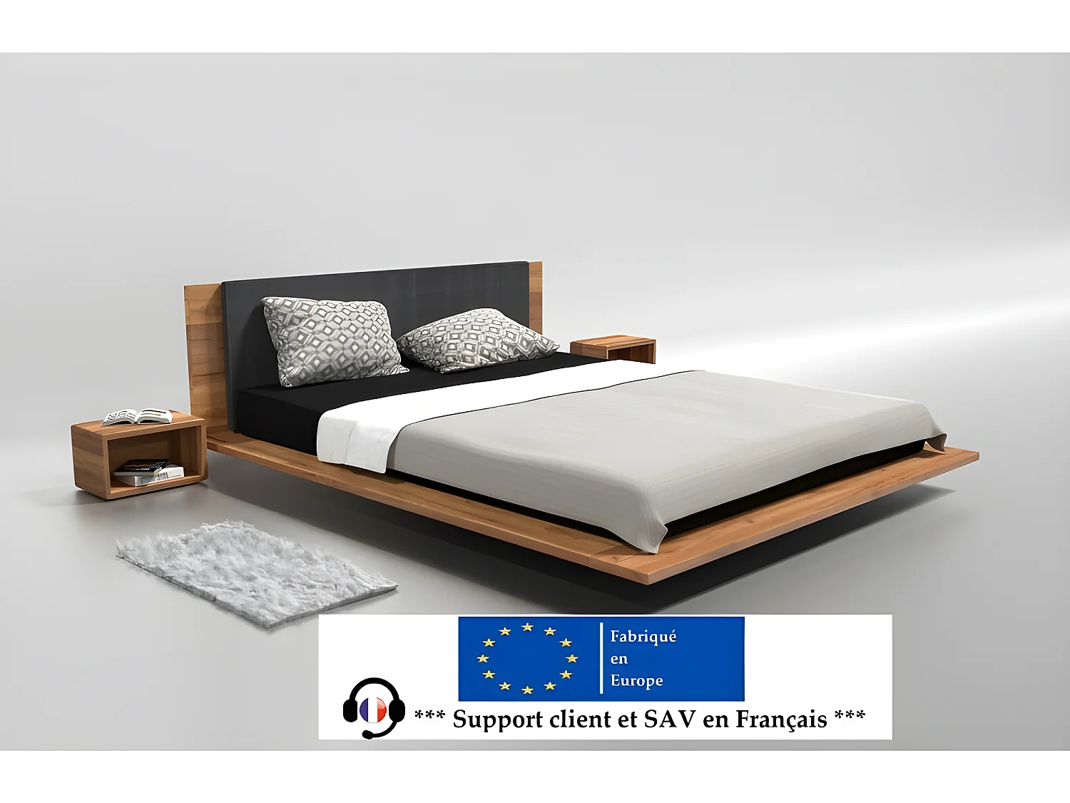 Lit 2 personnes pour adulte 200x200cm avec tête de lit robuste modéle KUZUM Couleur Chêne