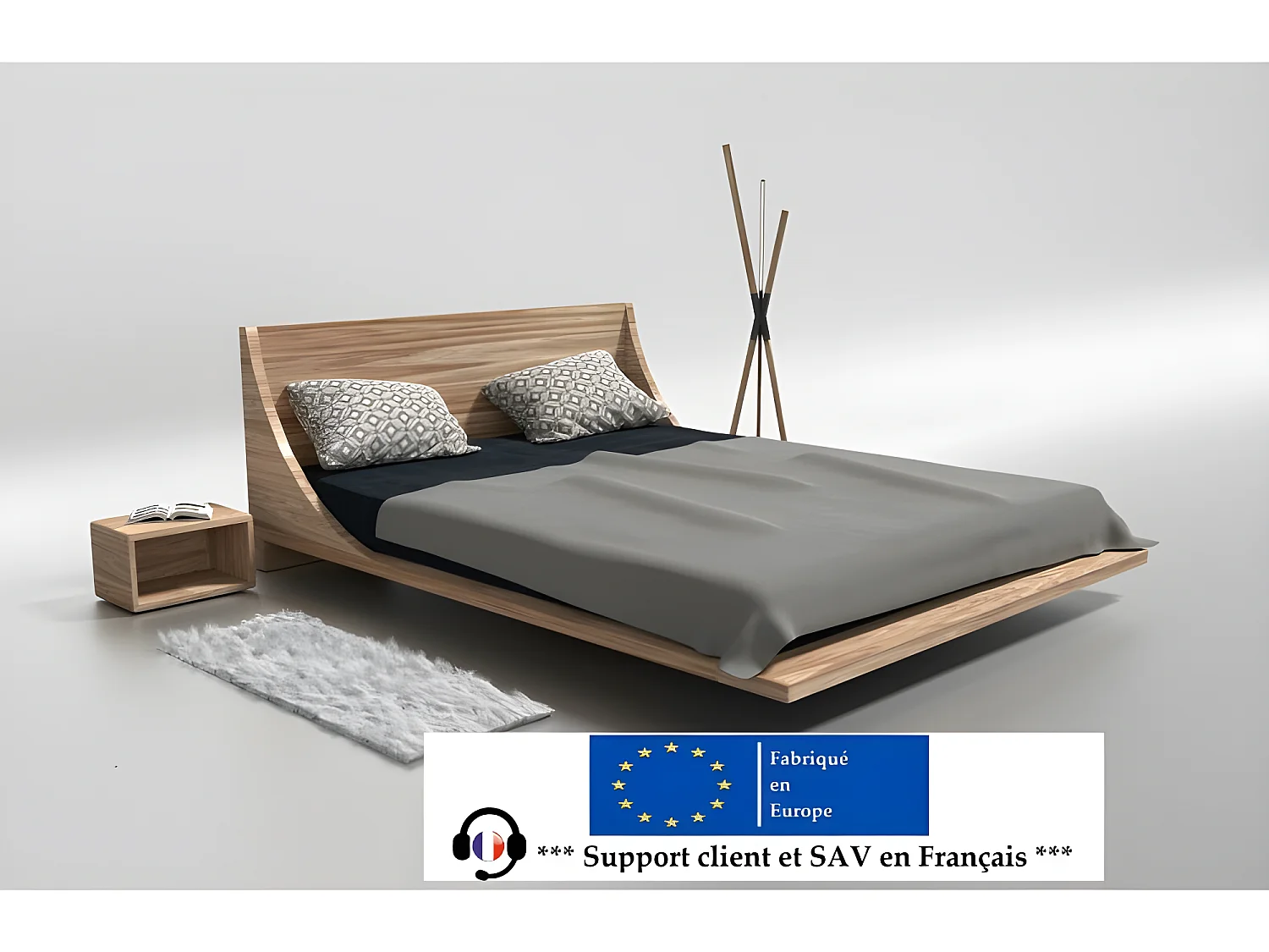 Lit 2 personnes pour adulte 160x200cm avec tête de lit robuste modéle RUSSY Couleur Chêne