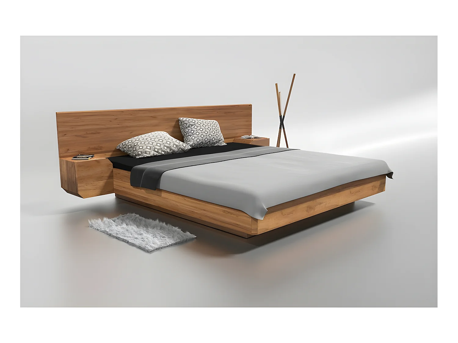 Lit 2 personnes pour adulte 160x200cm avec tête de lit et 2 chevets intégrés robuste modéle NELUMBO Couleur Chêne
