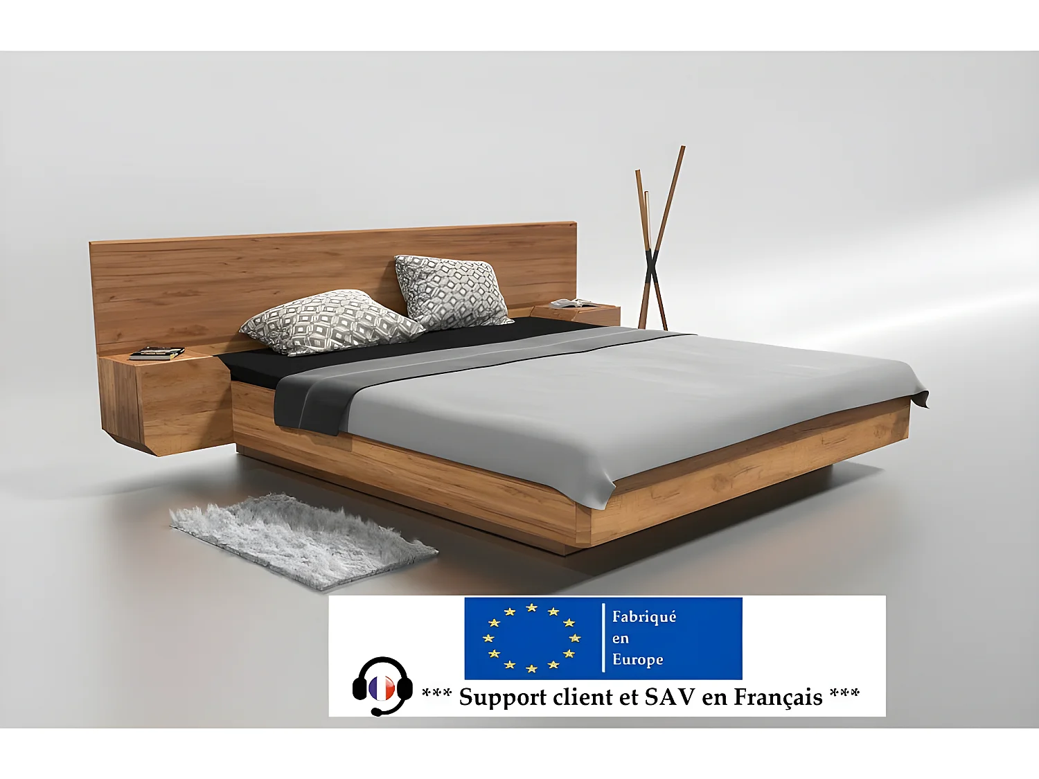 Lit 2 personnes pour adulte 160x200cm avec tête de lit et 2 chevets intégrés robuste modéle NELUMBO Couleur Chêne