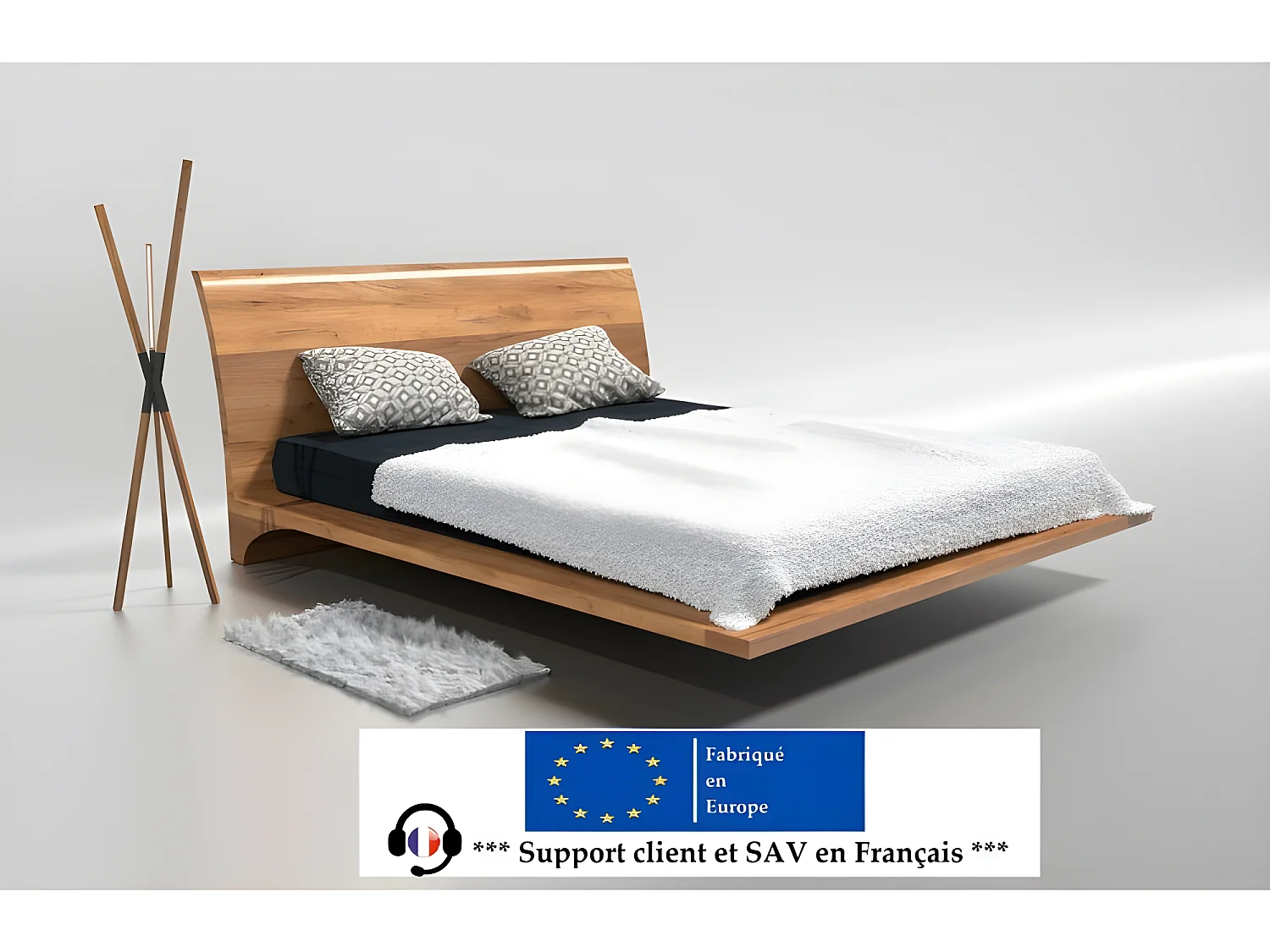 Lit 2 personnes pour adulte 200x200cm avec tête de lit robuste modéle ROY Couleur Chêne