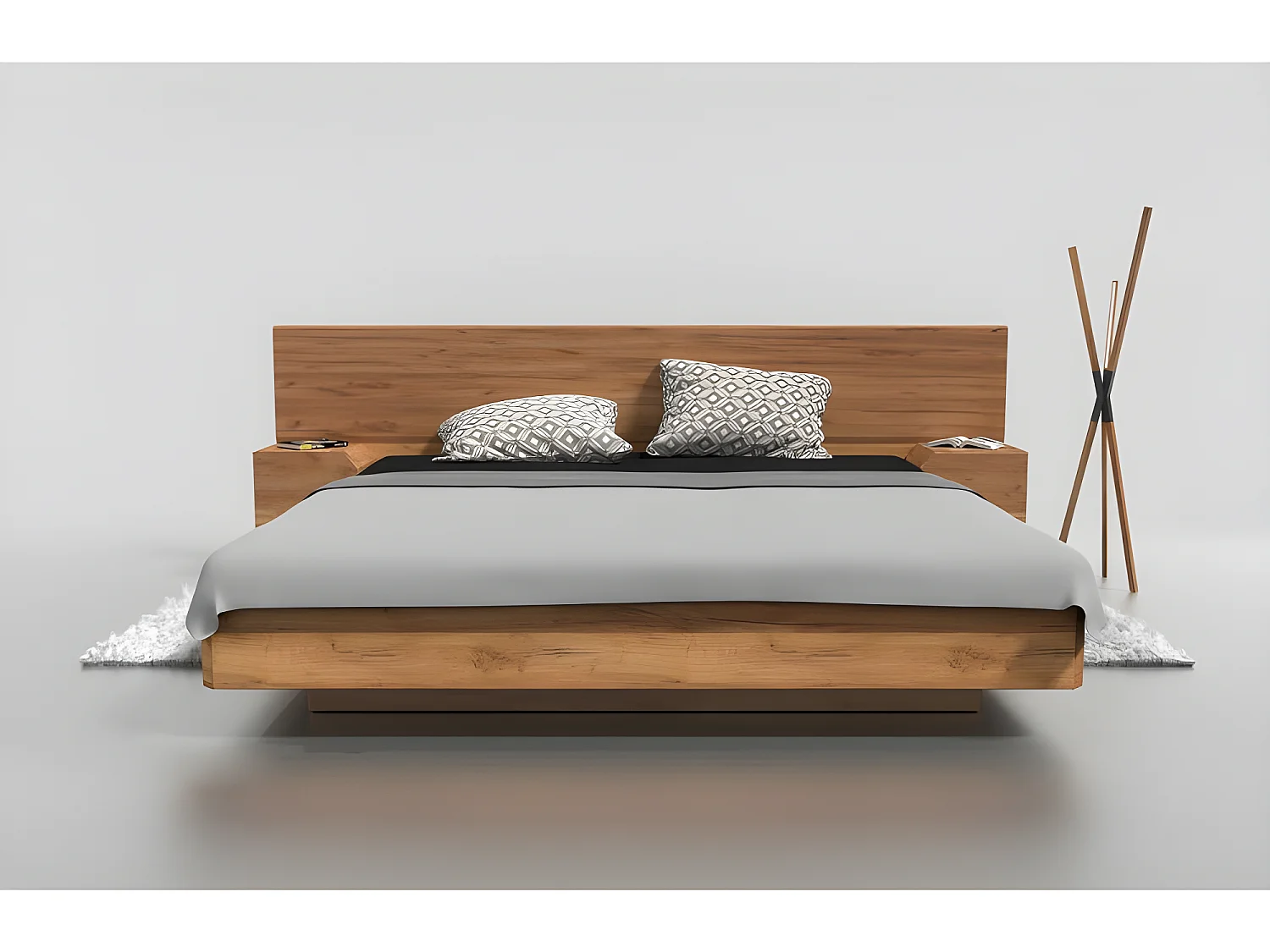 Lit 2 personnes pour adulte 140x200cm avec tête de lit et 2 chevets intégrés robuste modéle NELUMBO Couleur Chêne