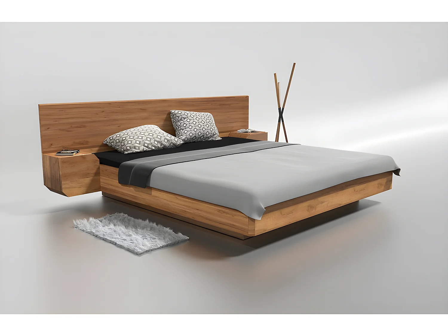 Lit 2 personnes pour adulte 140x200cm avec tête de lit et 2 chevets intégrés robuste modéle NELUMBO Couleur Chêne