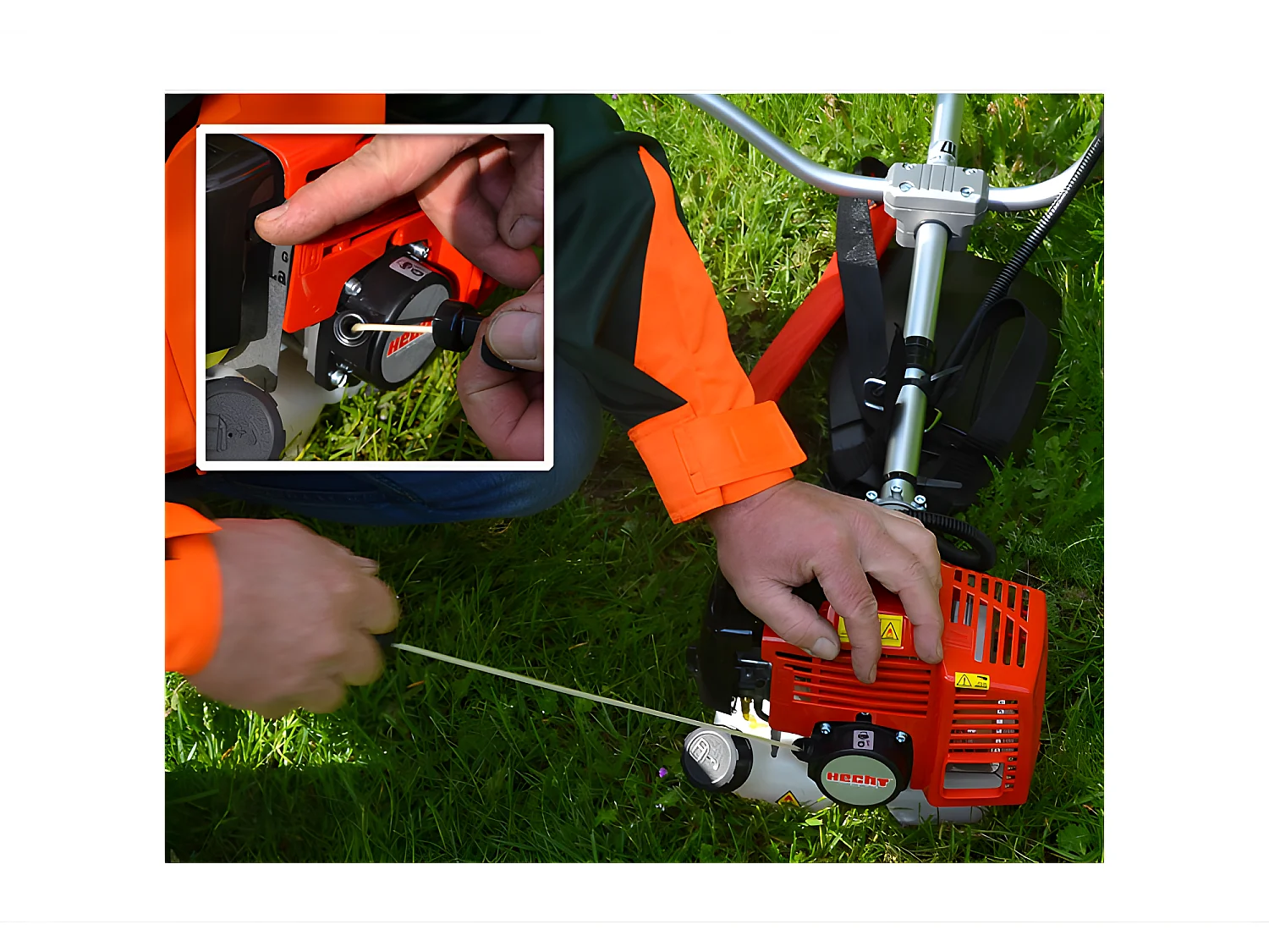 Hecht jardin 128 BTS Debroussailleuse essence systeme de coupe a 2 fils et couteau a 3 dents