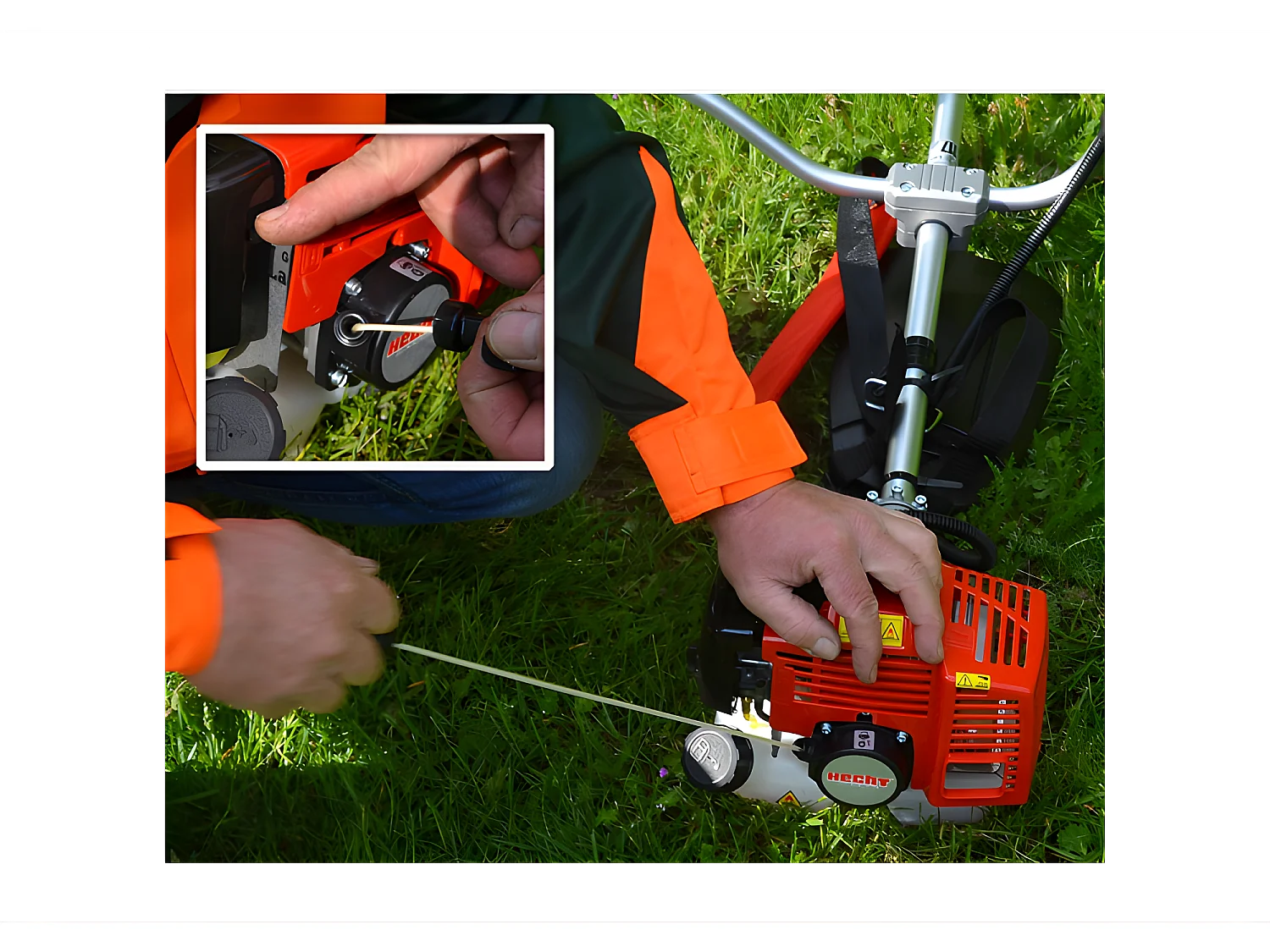 Hecht jardin 128 BTS Debroussailleuse essence systeme de coupe a 2 fils et couteau a 3 dents