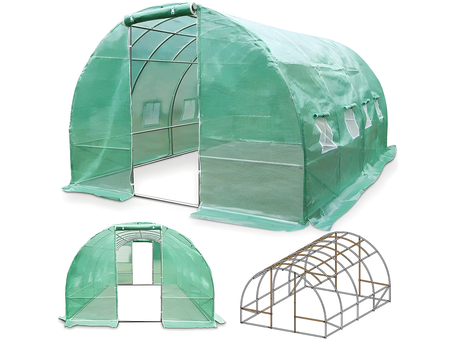 Serre tunnel de jardin 3x6m en aluminium stable Serre avec ancrage au sol Porte et fenêtres enroulables pour jardin