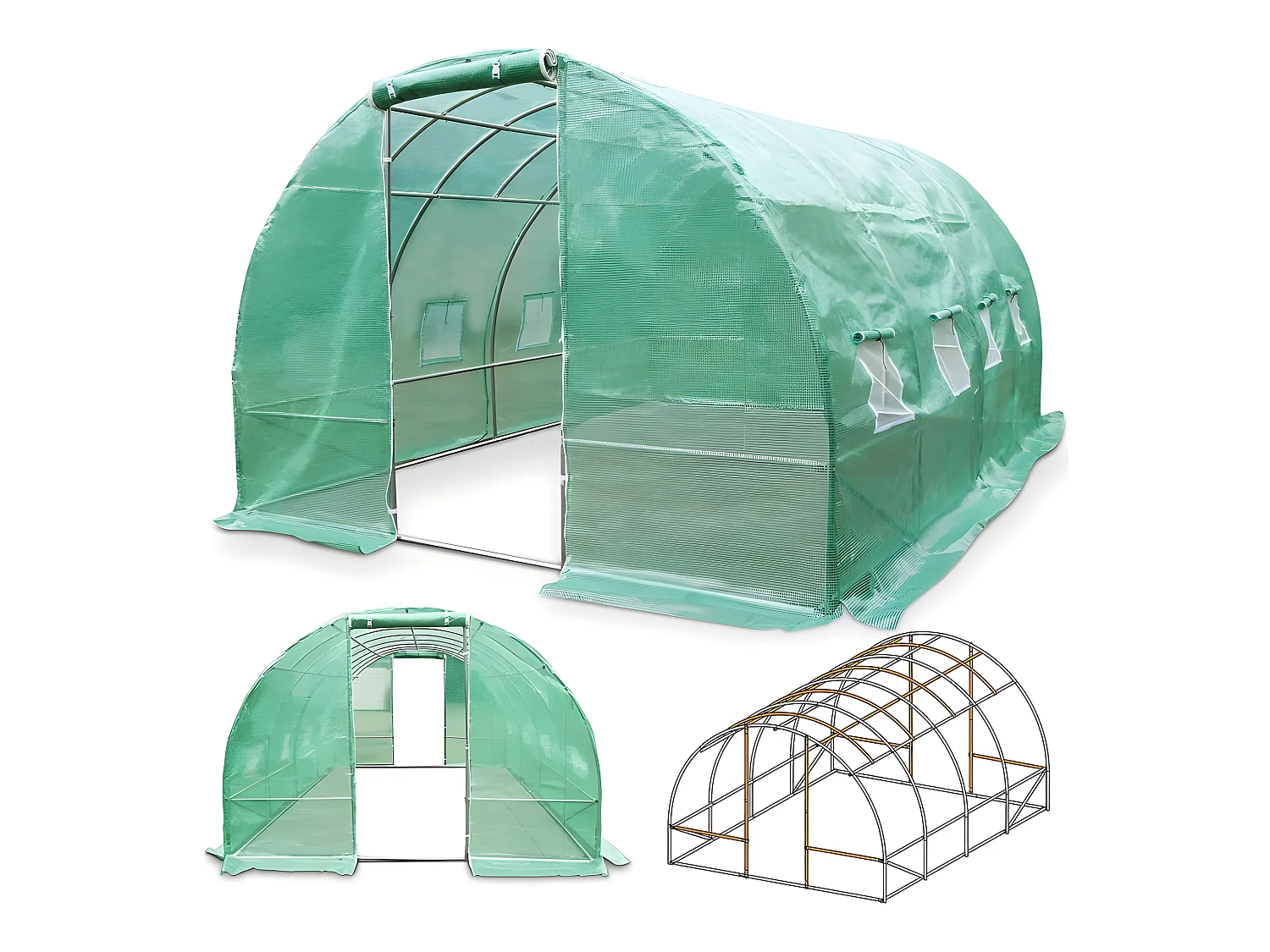 Serre tunnel de jardin 3x6m en aluminium stable Serre avec ancrage au sol Porte et fenêtres enroulables pour jardin