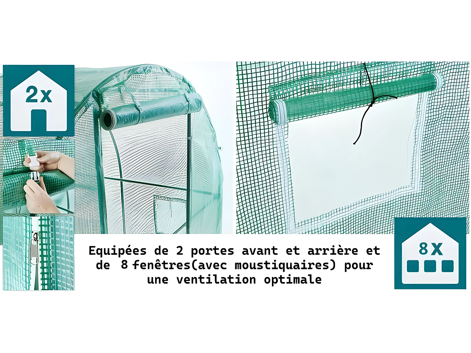 Serre tunnel de jardin 3x4m en aluminium stable Serre avec ancrage au sol Portes et fenêtres enroulables pour jardin