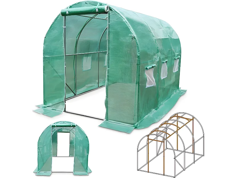 Serre tunnel de jardin 2x3m en aluminium stable Serre ancrage au sol avec porte et fenêtres enroulables pour jardin