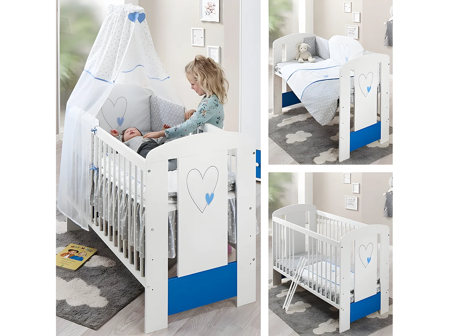 BB Lit bébé cododo 120 x 60 cm cœur bleu avec Set de lit complète