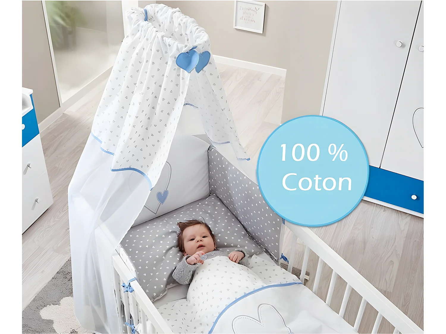 BB Lit bébé cododo 120 x 60 cm cœur bleu avec Set de lit complète