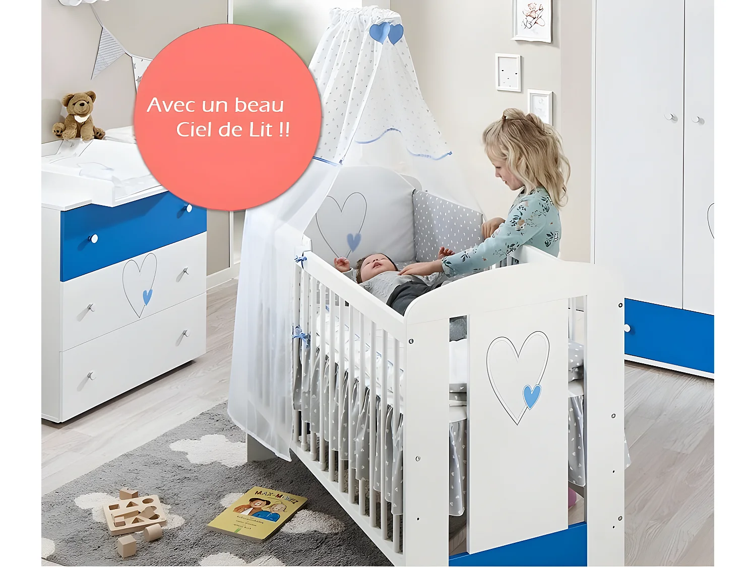 BB Lit bébé cododo 120 x 60 cm cœur bleu avec Set de lit complète