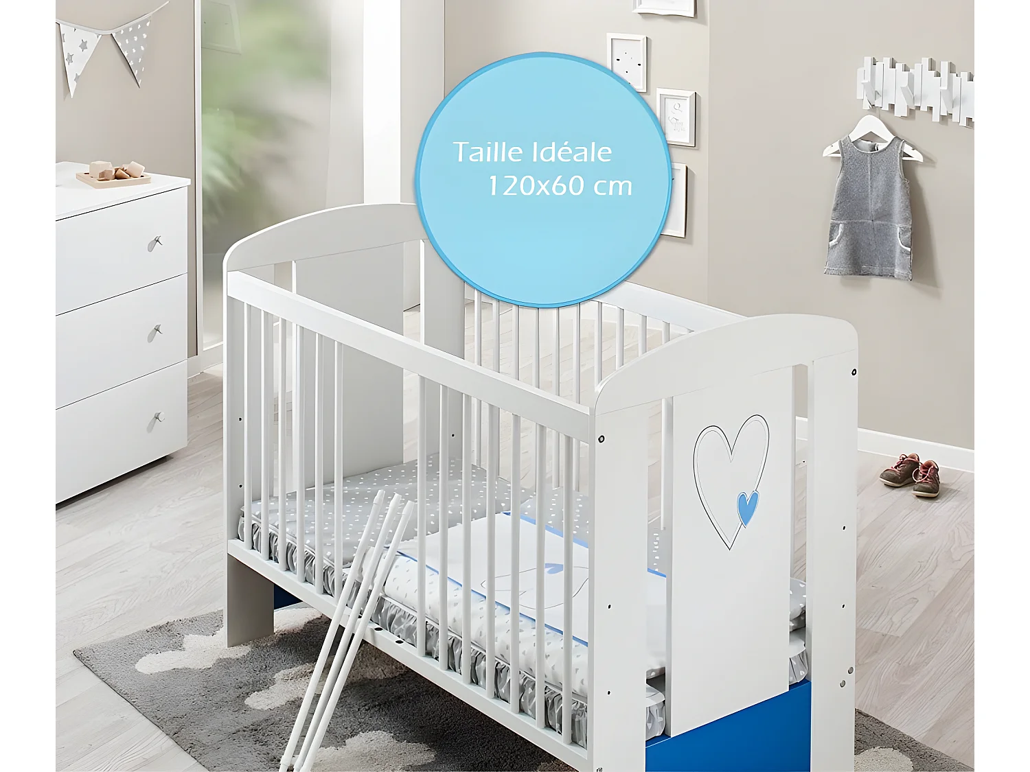 BB Lit bébé cododo 120 x 60 cm cœur bleu avec Set de lit complète