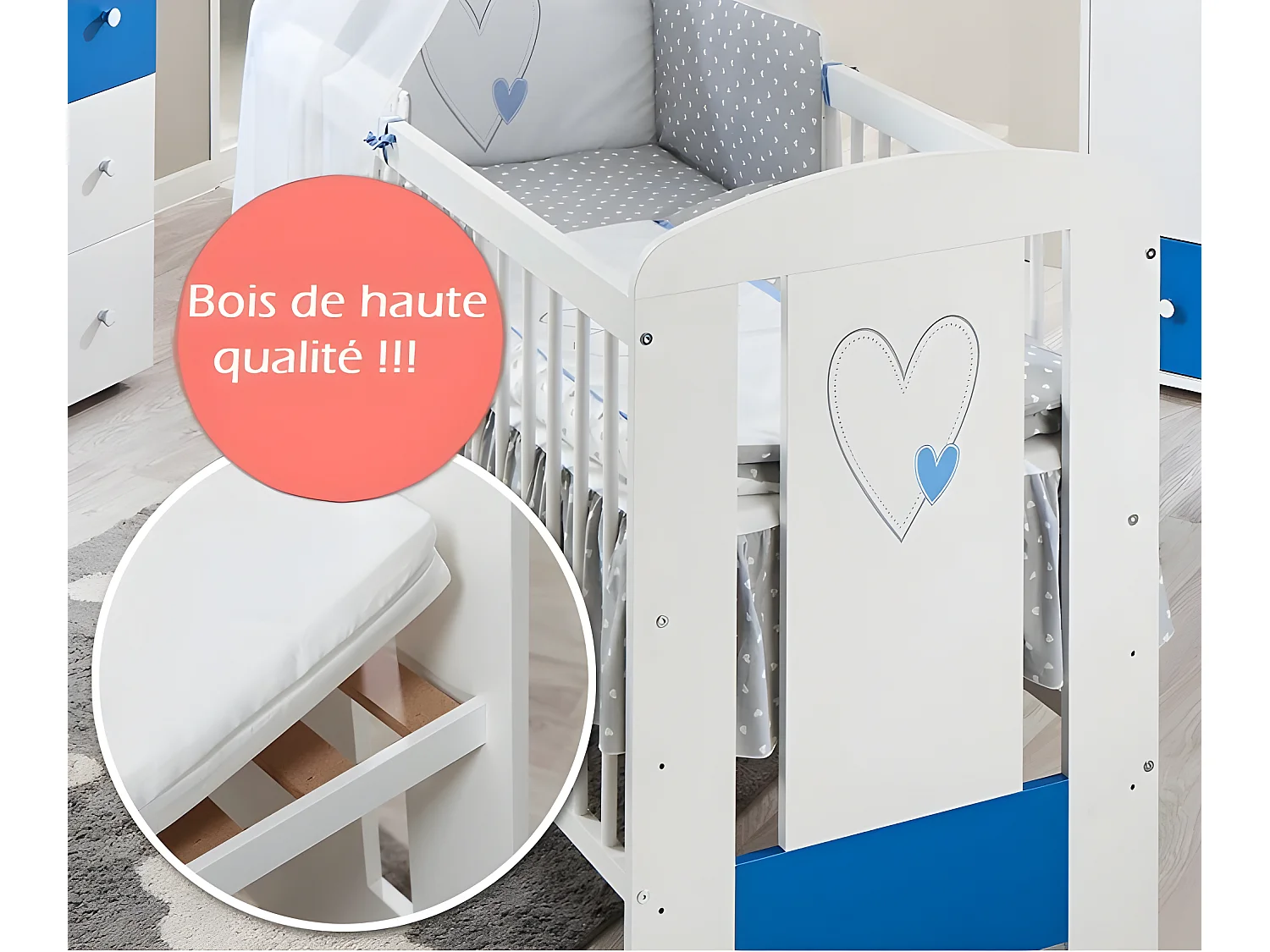 BB Lit bébé cododo 120 x 60 cm cœur bleu avec Set de lit complète