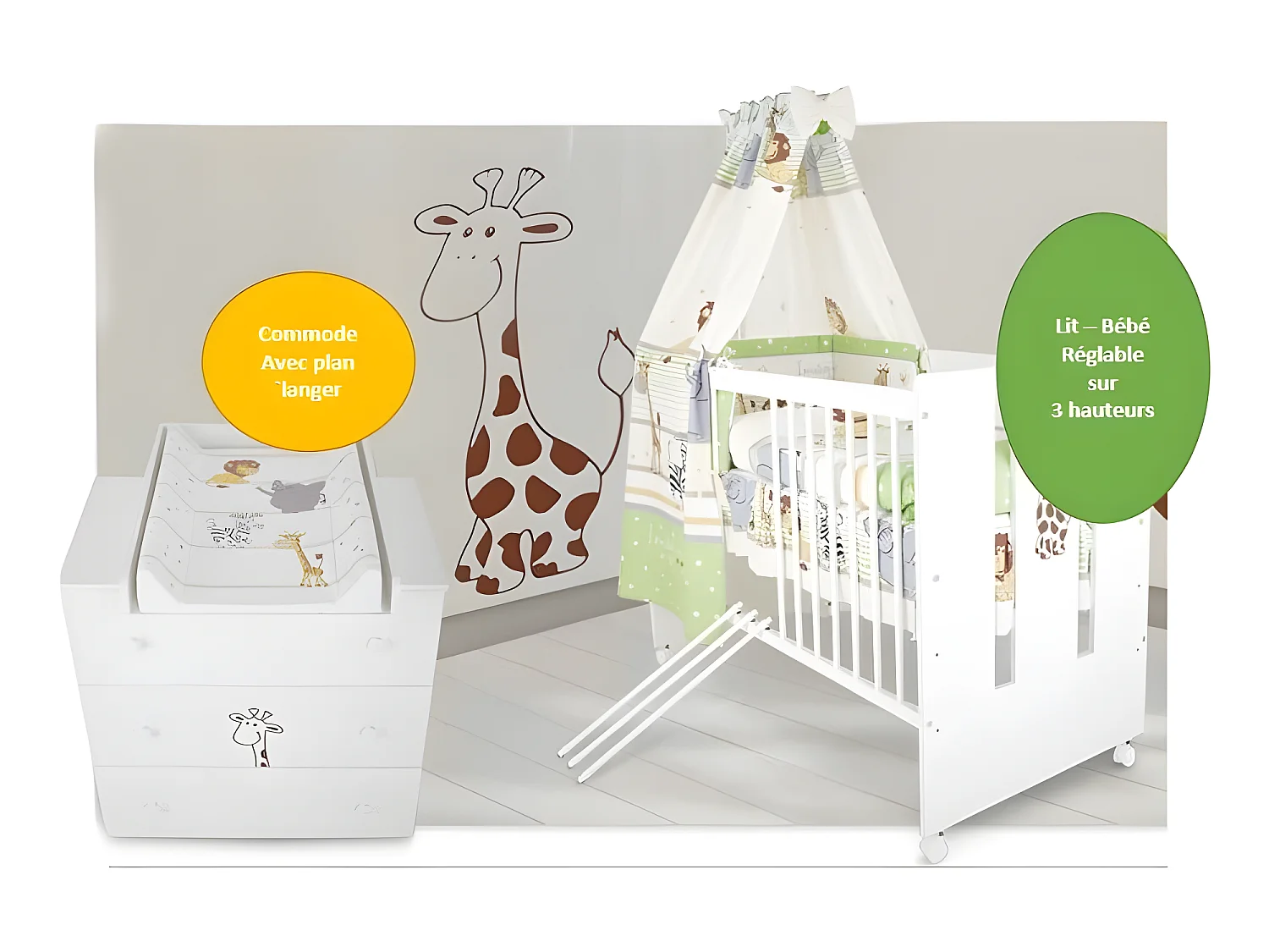 BB Berceau bebe lit bébé 120 x 60 cm avec Set de lit 9 pièces Girafe vert BB LOISIR