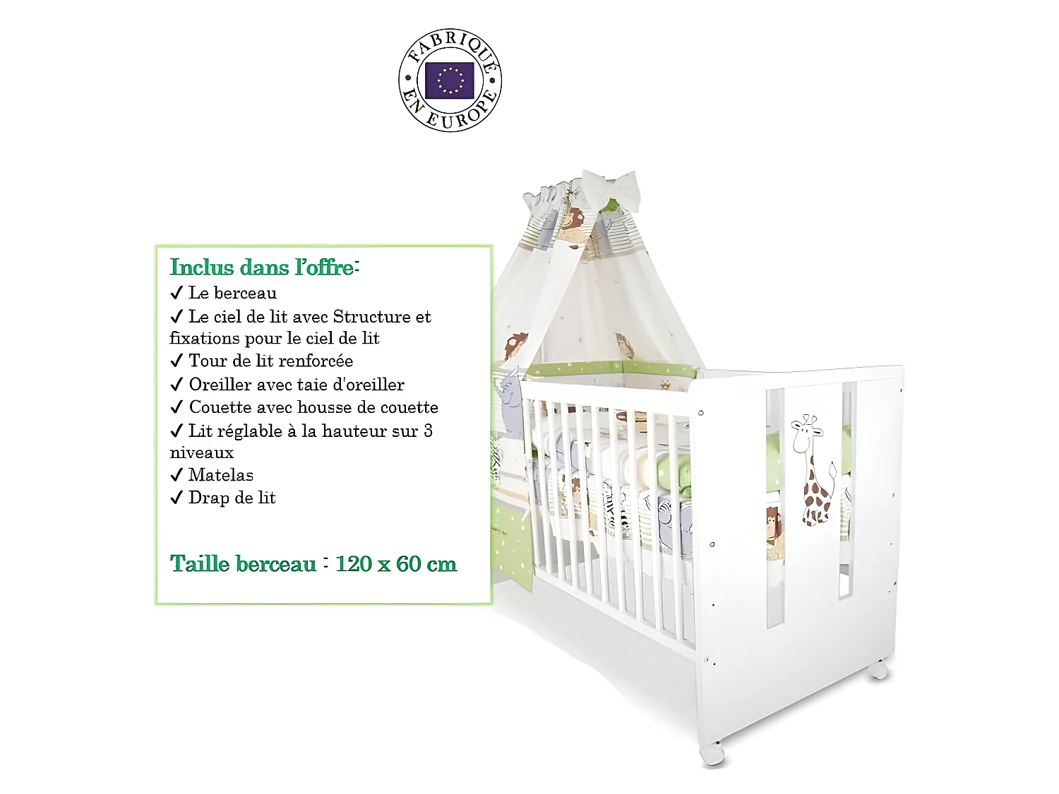 BB Berceau bebe lit bébé 120 x 60 cm avec Set de lit 9 pièces Girafe vert BB LOISIR