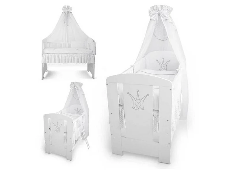 BB Lit bébé cododo motif couronne blanche 120 x 60 cm avec Set de lit 9 pièces