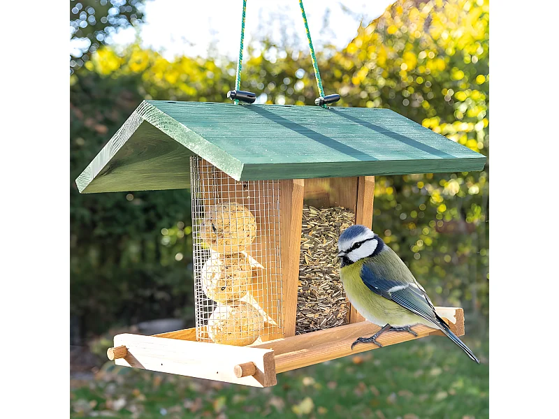 Mangeoire extérieur à suspendre pour oiseaux sauvages pour jardin balcon Distributeur de graines «325 Cabane marron-vert»