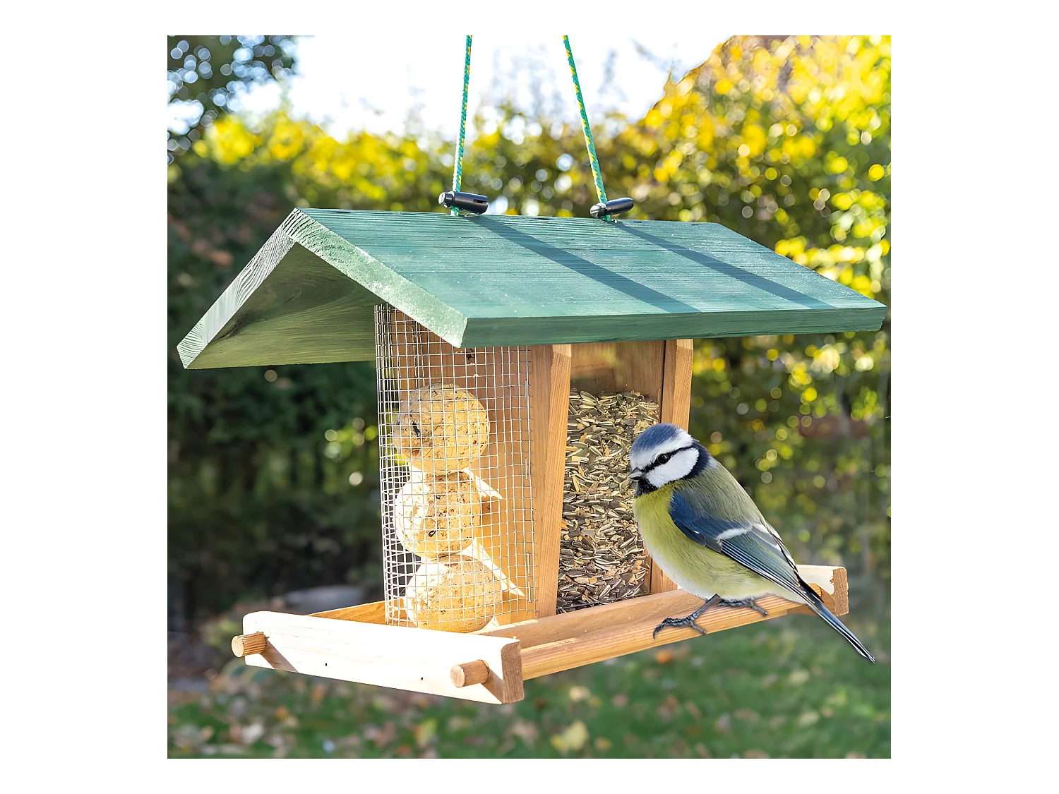 Mangeoire extérieur à suspendre pour oiseaux sauvages pour jardin balcon Distributeur de graines «325 Cabane marron-vert»