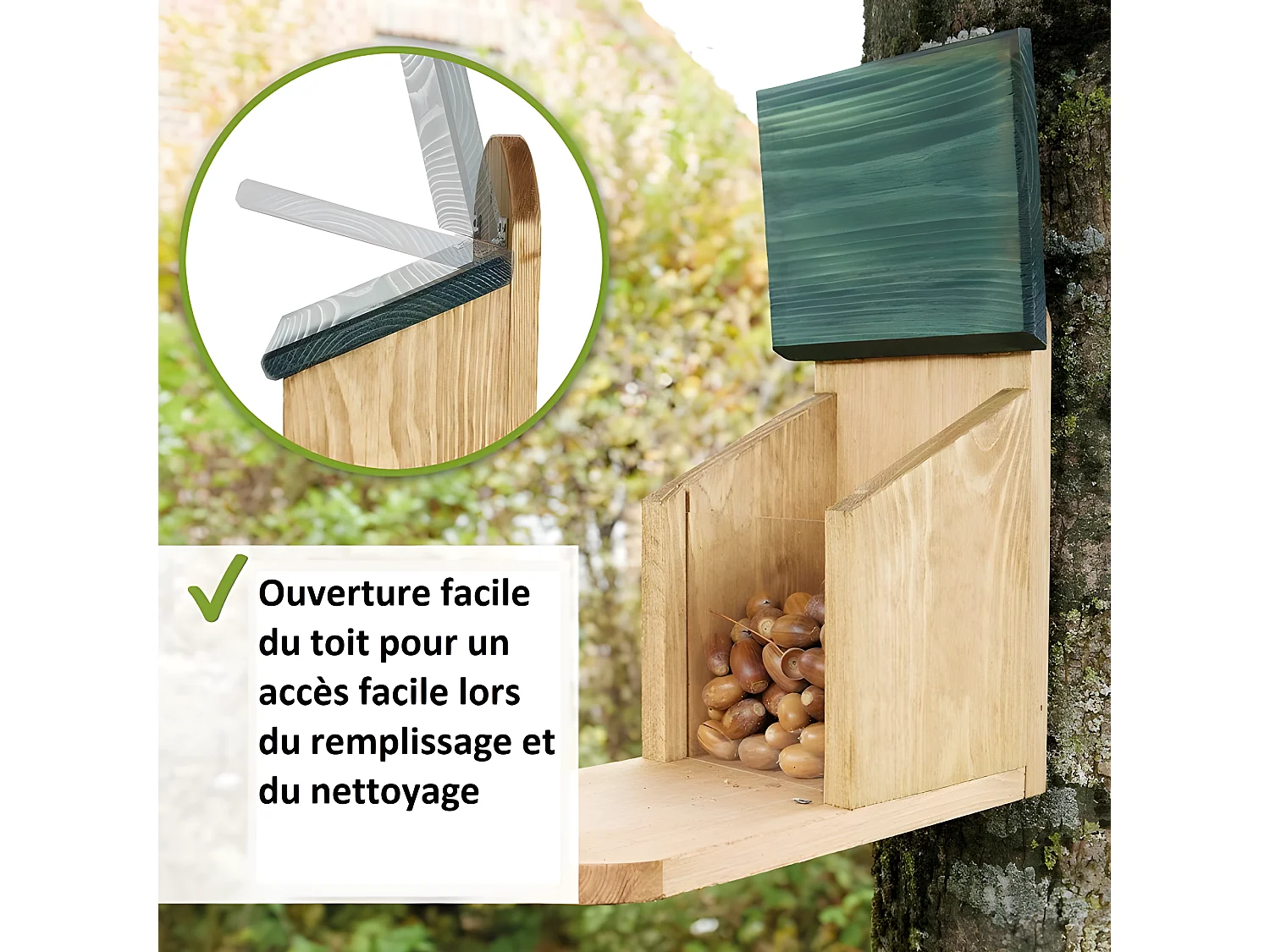 Mangeoire Écureuil Distributeur de nourriture éxtérieur robuste en bois massif et vitre plexiglas de haute qualité"328 Écu"