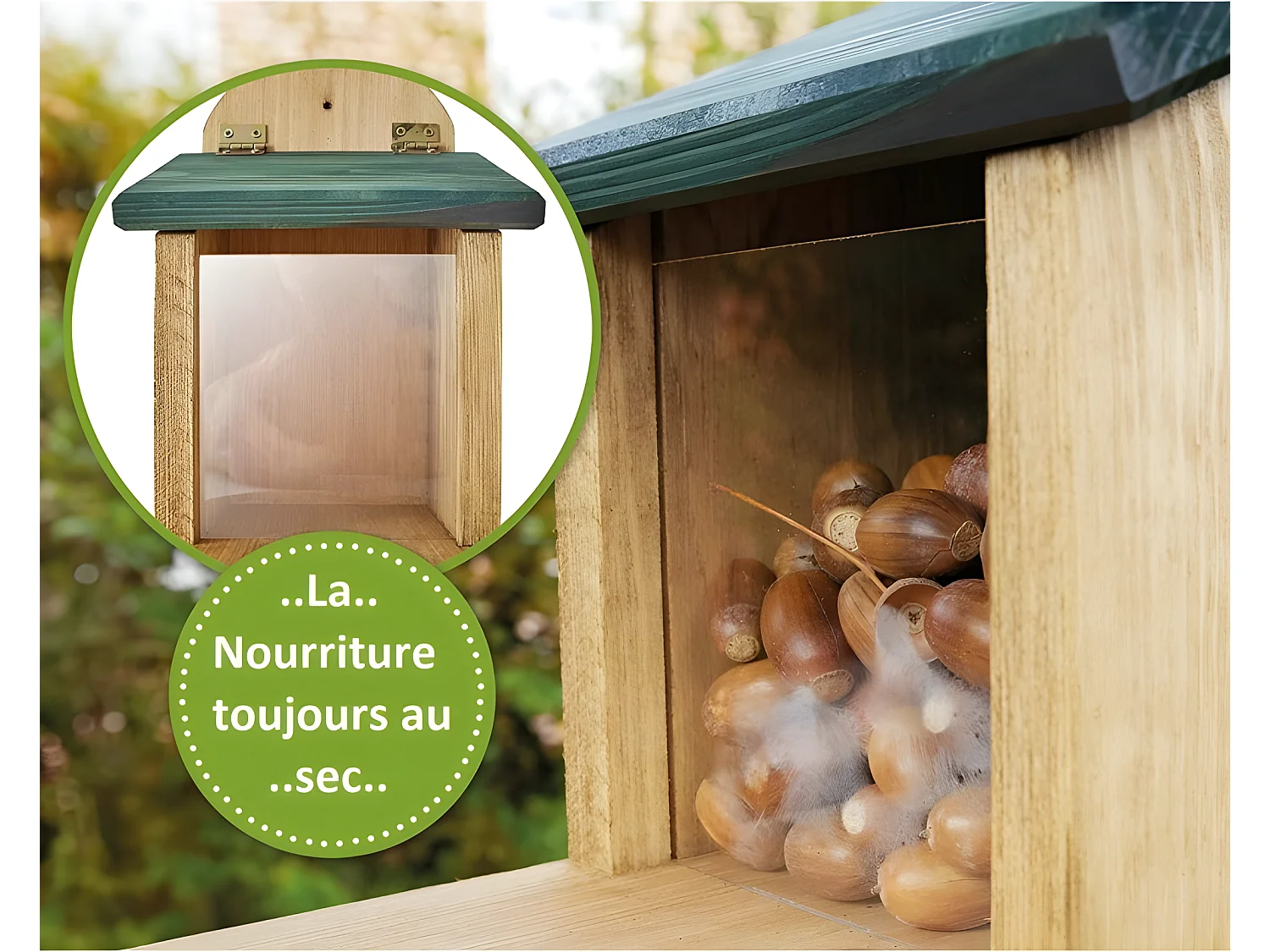 Mangeoire Écureuil Distributeur de nourriture éxtérieur robuste en bois massif et vitre plexiglas de haute qualité"328 Écu"