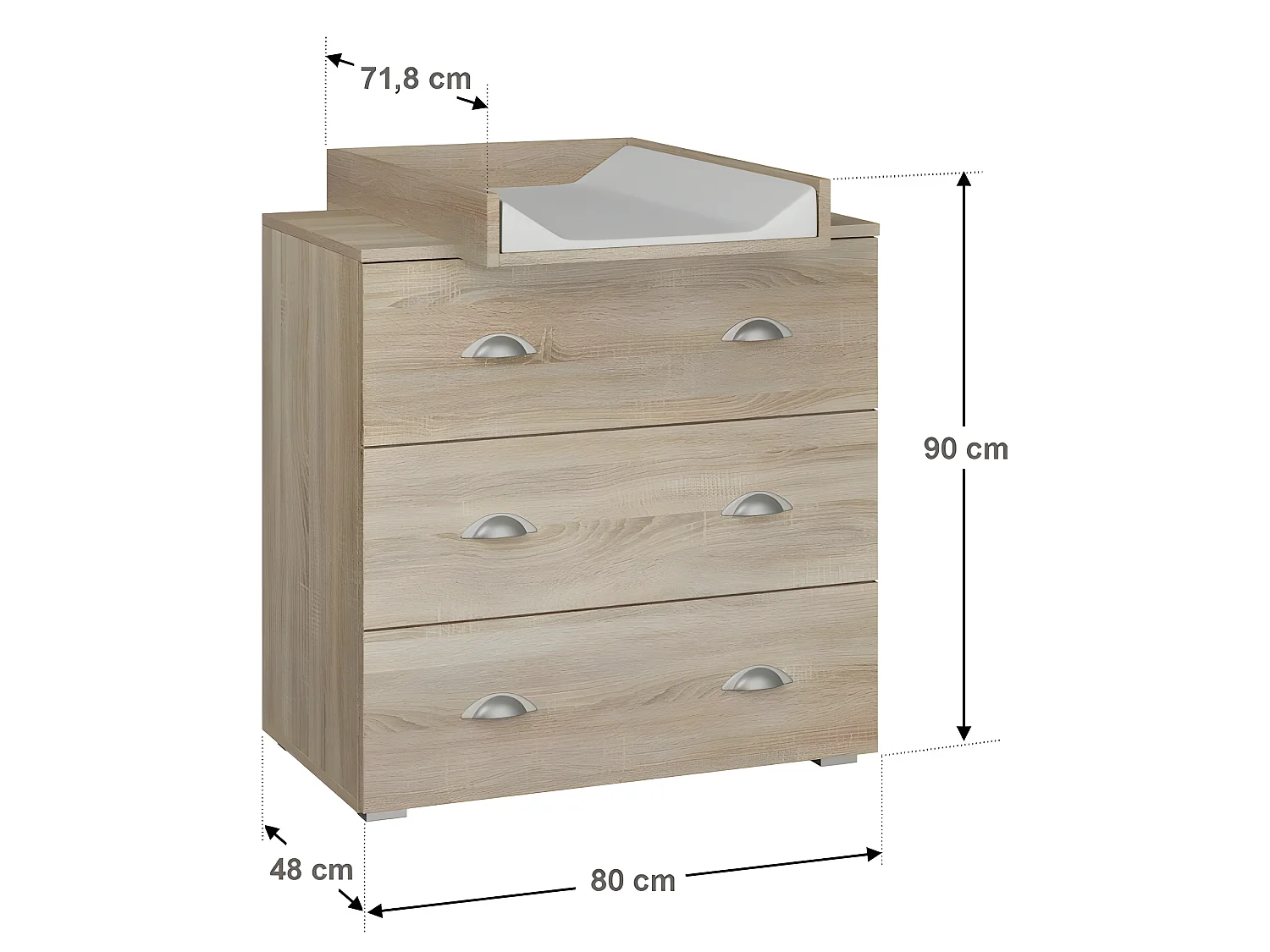 Commode à langer bébé enfant Sonoma Table à langer + Matelas à langer amovible 80x48x90cm- 3 Tiroirs MIA