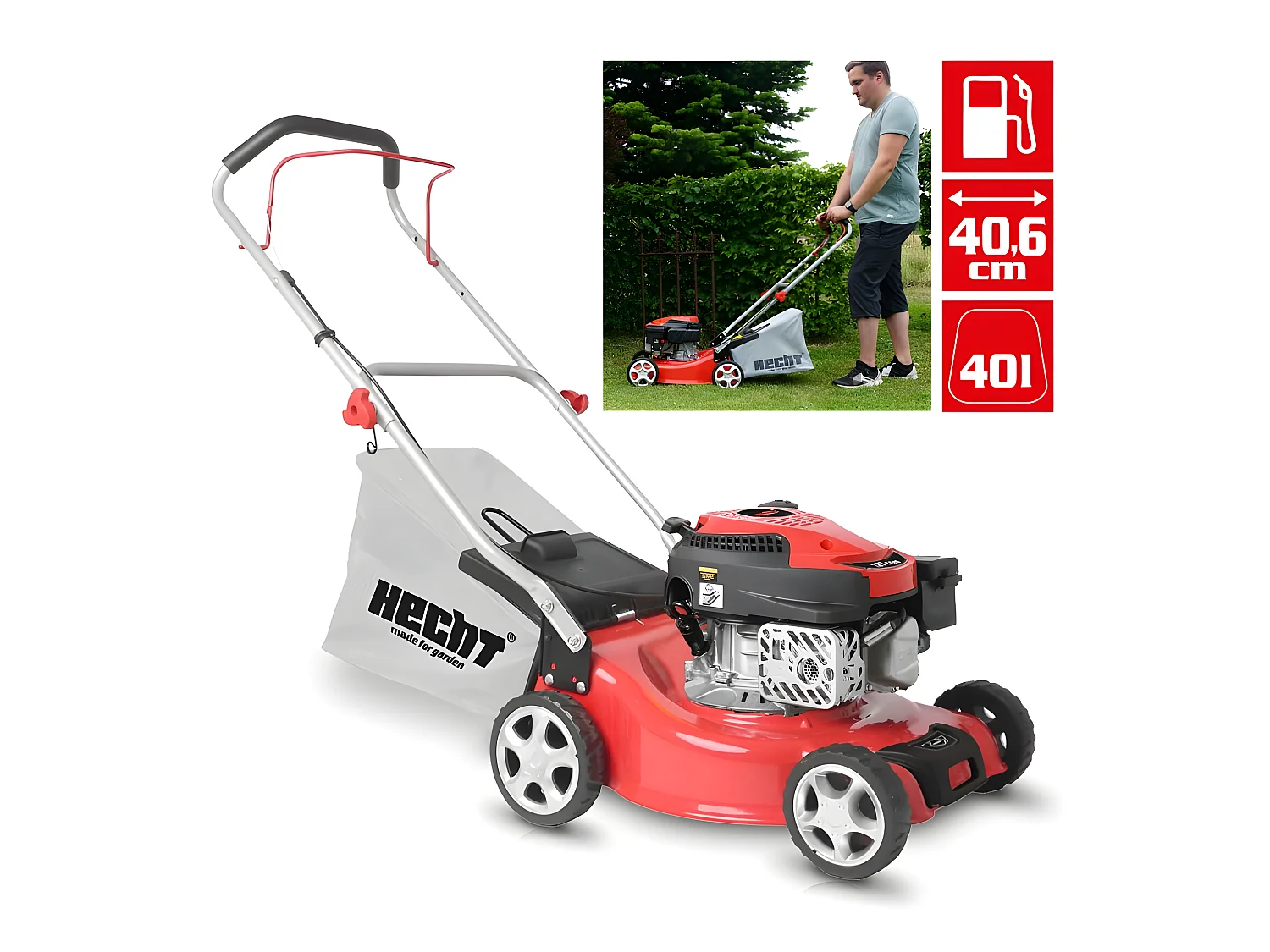 Hecht 540 Tondeuse à gazon essence 4temps largeur de coupe 40,6cm 700m2 bac de 40L