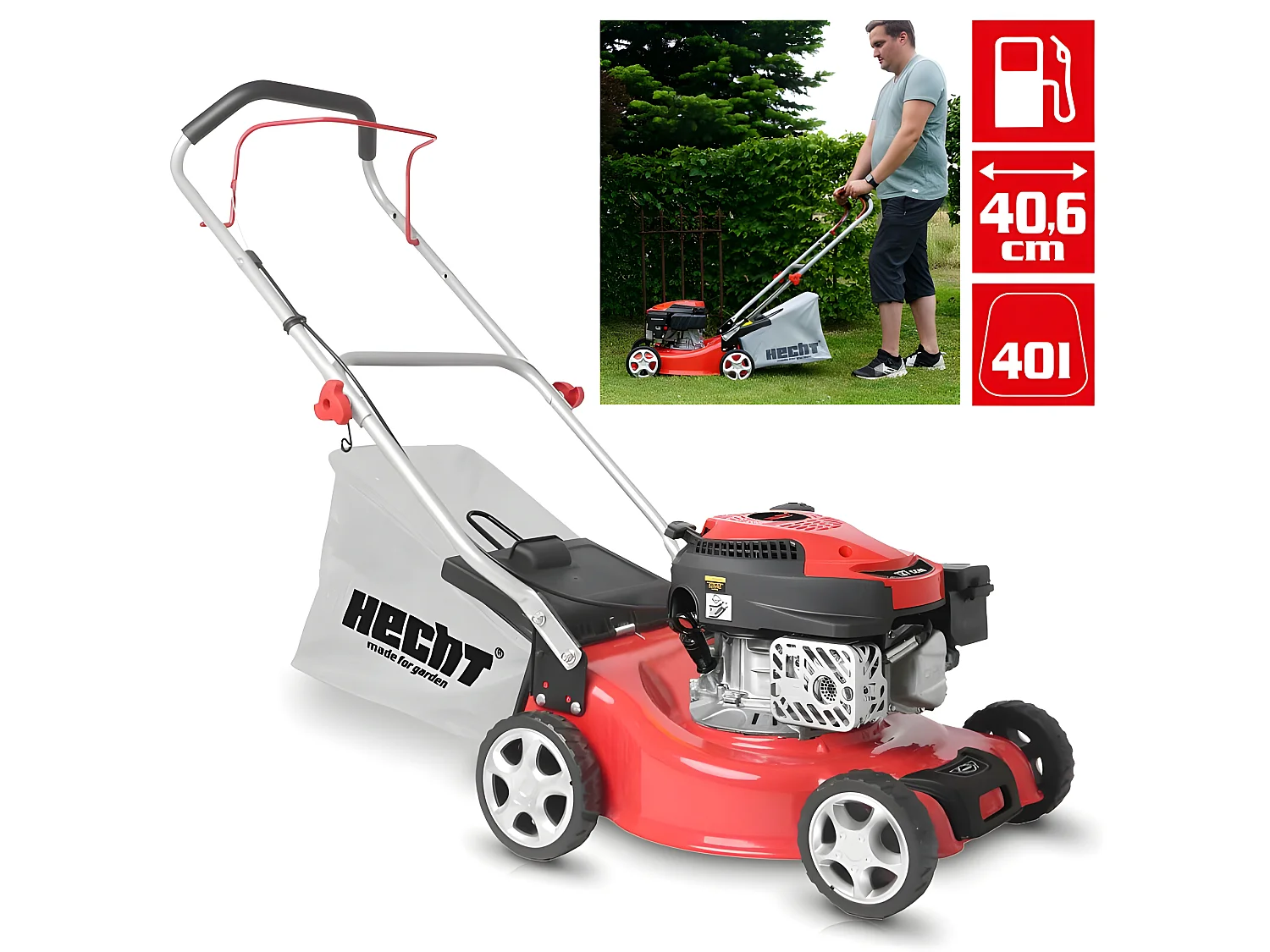 Hecht 540 Tondeuse à gazon essence 4temps largeur de coupe 40,6cm 700m2 bac de 40L