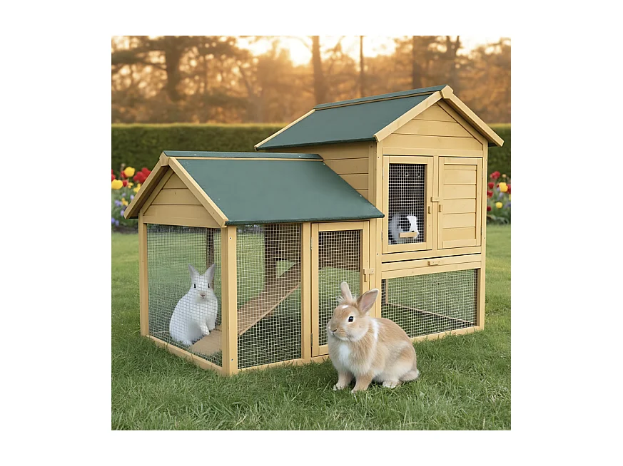Cage Clapier Enclos lapin Extérieur en bois  Haute Qualité pour lapins petits animaux- Modèle : 035 Ranch 152 x 98 x 118 cm