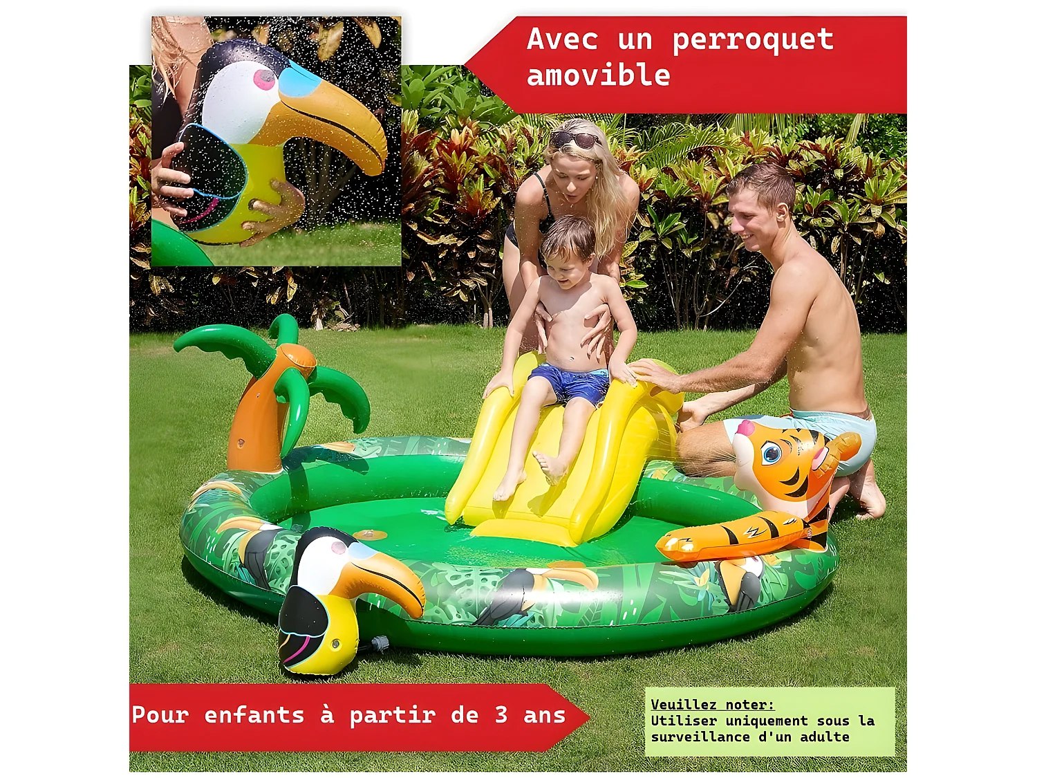 Piscine gonflable pour enfants toboggan de piscine - 182x165x62 cm piscine hors sol design Jungle- Parc aquatique