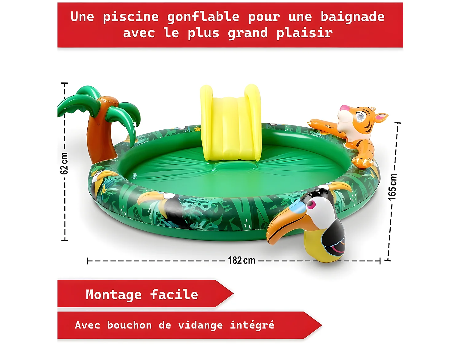 Piscine gonflable pour enfants toboggan de piscine - 182x165x62 cm piscine hors sol design Jungle- Parc aquatique