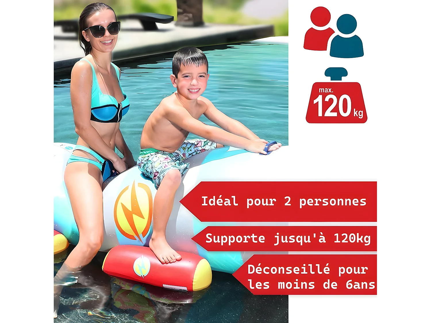 Fusée à eau Bouée gonflable Ballon flotteur pour piscines XXL 195x72x44cm 2 Pagaies pour adultes et enfants à partir de 6ans