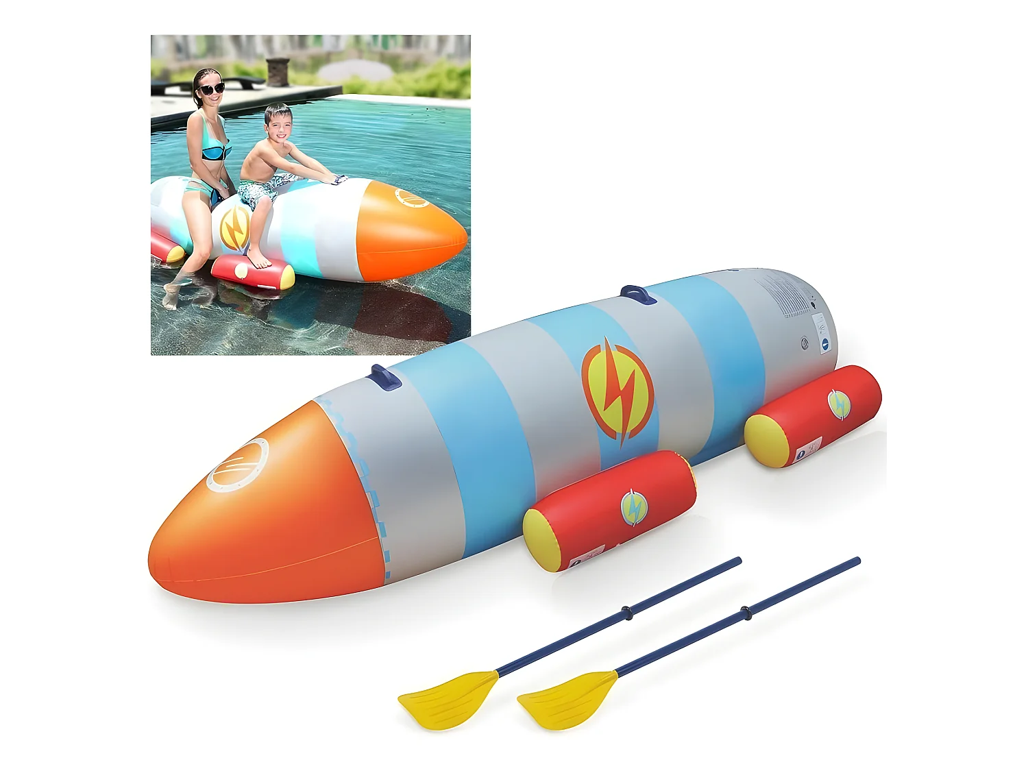 Fusée à eau Bouée gonflable Ballon flotteur pour piscines XXL 195x72x44cm 2 Pagaies pour adultes et enfants à partir de 6ans