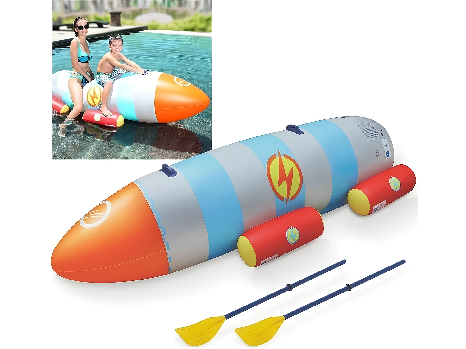 Fusée à eau Bouée gonflable Ballon flotteur pour piscines XXL 195x72x44cm 2 Pagaies pour adultes et enfants à partir de 6ans