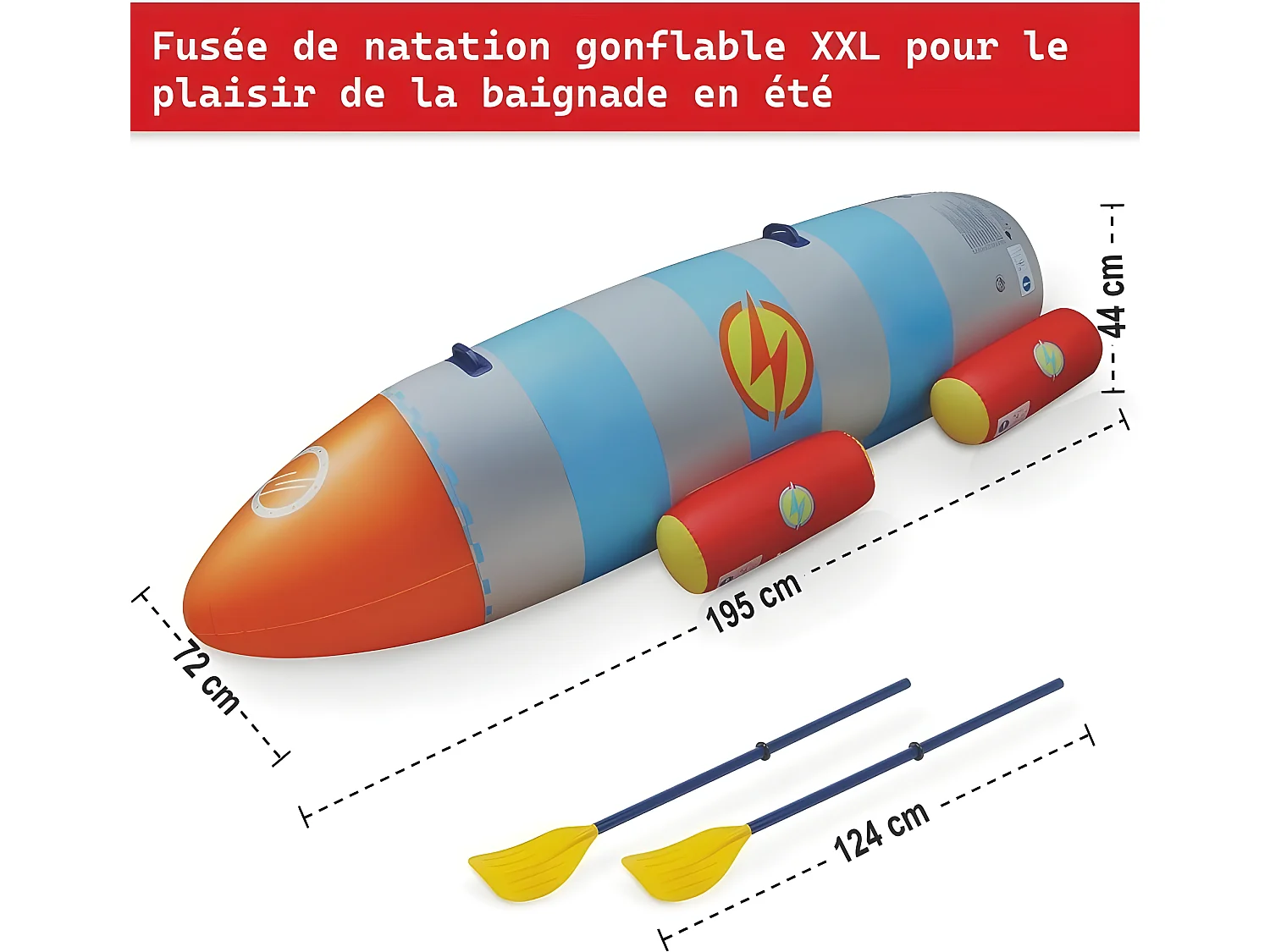Fusée à eau Bouée gonflable Ballon flotteur pour piscines XXL 195x72x44cm 2 Pagaies pour adultes et enfants à partir de 6ans