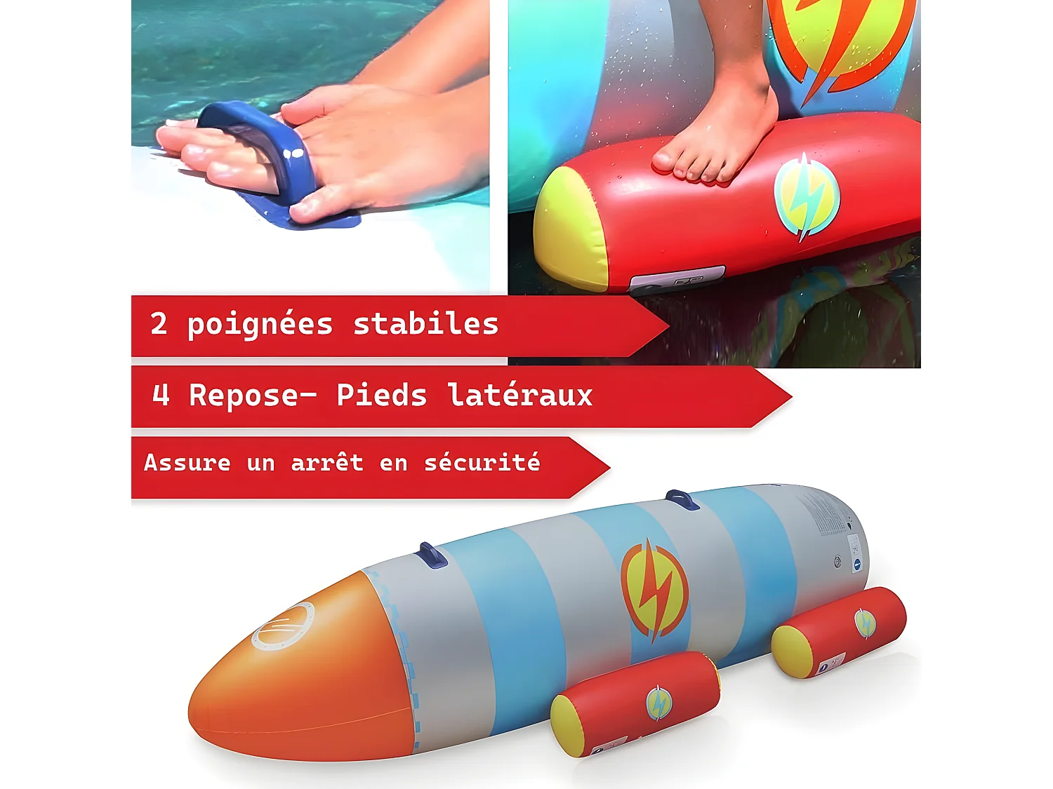 Fusée à eau Bouée gonflable Ballon flotteur pour piscines XXL 195x72x44cm 2 Pagaies pour adultes et enfants à partir de 6ans