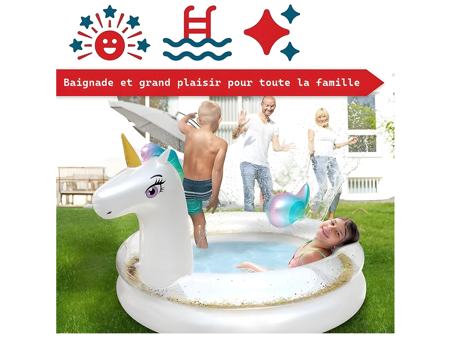 Piscine gonflable pour enfants - 200x135x90 cm piscine hors sol design Licorne- à partir de 3ans.