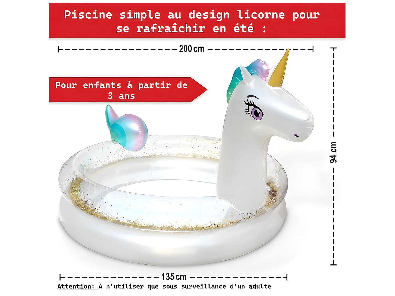 Piscine gonflable pour enfants - 200x135x90 cm piscine hors sol design Licorne- à partir de 3ans.