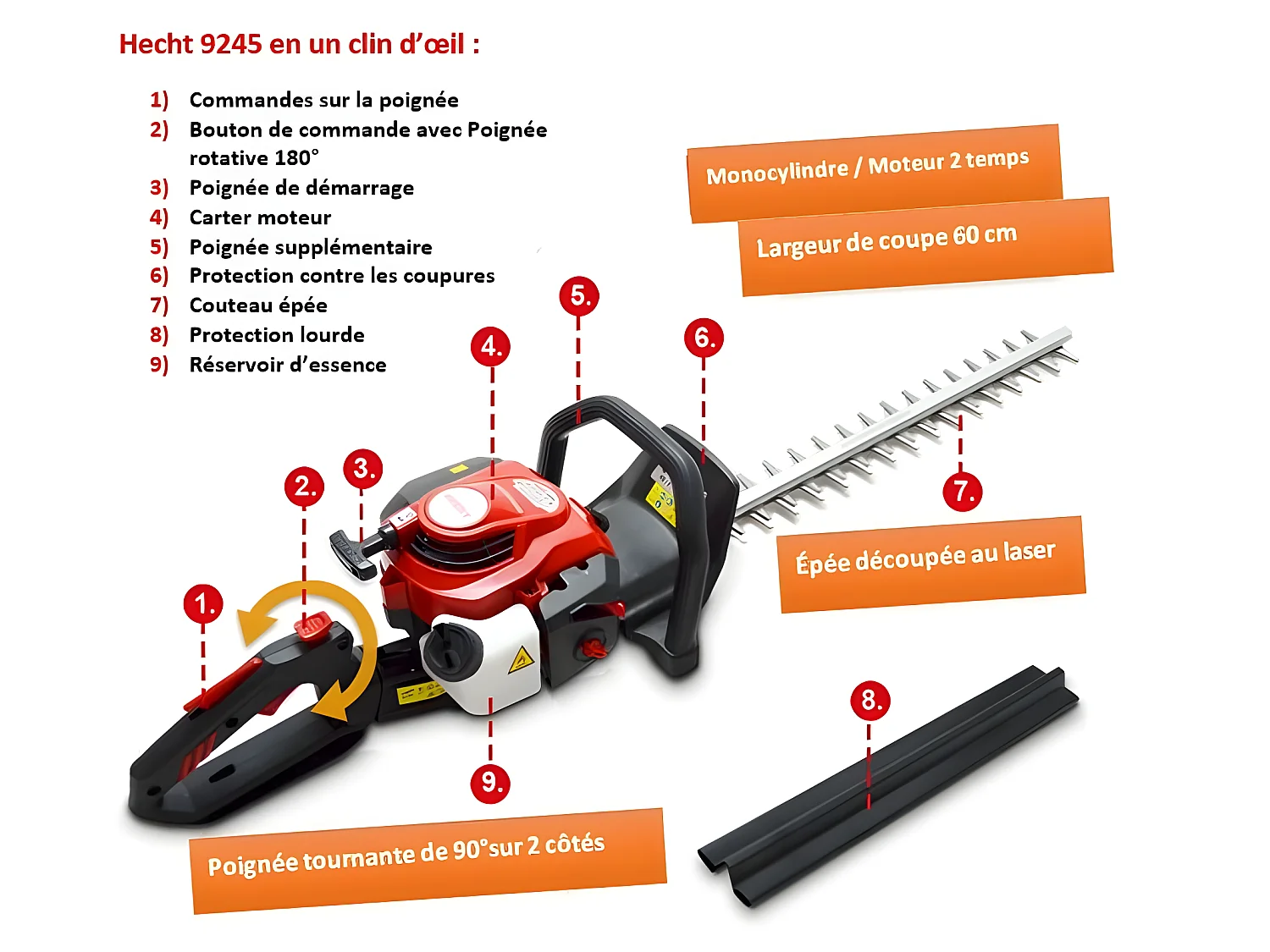 Hecht 9245 Taille haies à essence professionnel Moteur 2 temps système anti-vibration