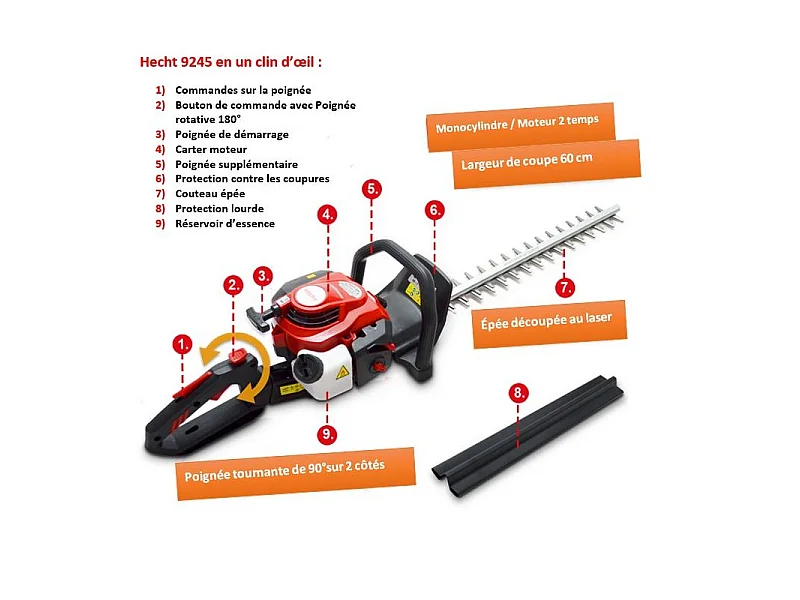 Hecht 9245 Taille haies à essence professionnel Moteur 2 temps système anti-vibration